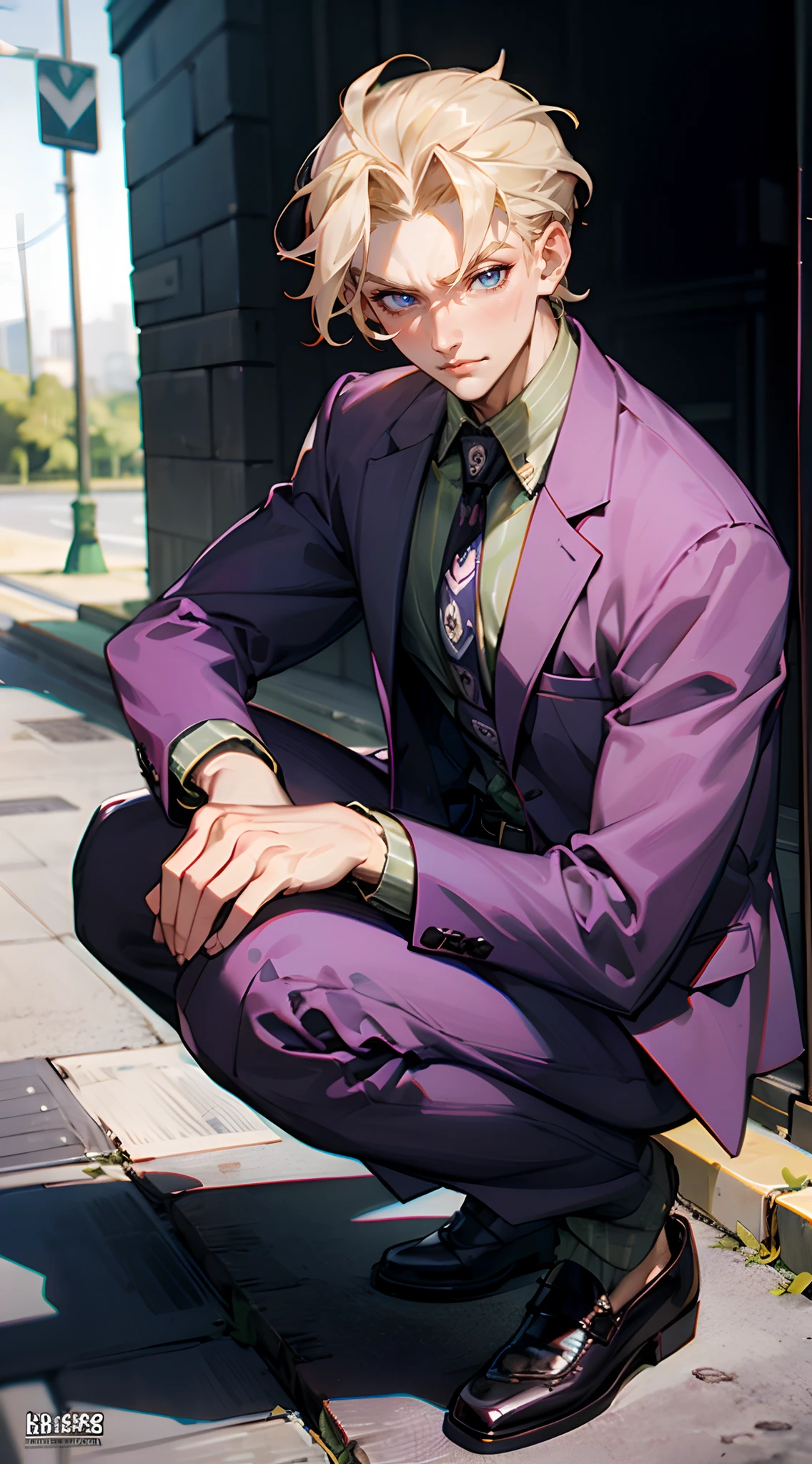 kirayoshikage, kira yoshikage, 1boy, blonde hair, short hair, mature male, cheekbones, purple eyes,
BREAK belt, formal, necktie, shoes, suit,,
BREAK looking at viewer,
BREAK outdoors, park,
BREAK (masterpiece:1.2), best quality, high resolution, unity 8k wallpaper, (illustration:0.8), (beautiful detailed eyes:1.6), extremely detailed face, perfect lighting, extremely detailed CG, (perfect hands, perfect anatomy), squatting