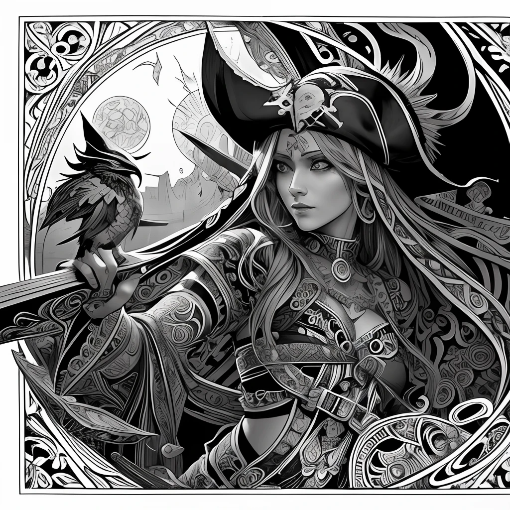Pirates, black and white, zentangle (best quality) ultra-detailed, fine line drawing, fine line art, coloring book illustration style, intricate linework, highly detailed illustration, perfect composition, beautiful and stunning, dynamic angle, high contrast, incredible shading, incredible detail, unique style, black and white details, (dark and mystical atmosphere), intricate and detailed nature elements.