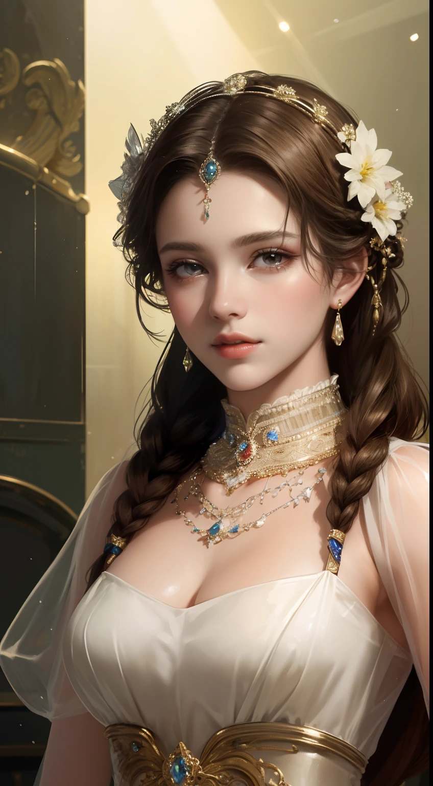 (Ultra-high quality masterpiece，Beautiful bust of an 18-year-old noble girl，Classical braids，The eyes are shiny and clear，Floral craftsmanship，Crystal jewelry，Ultra-fine details，Soft lighting)