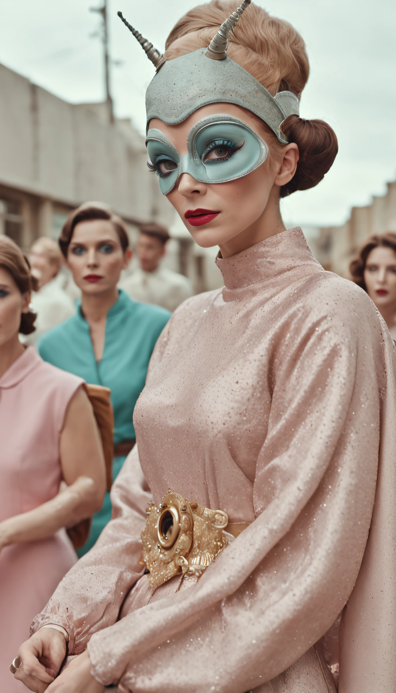 8k portrait of a 1960s science fiction film by Wes Anderson, Vogue anos 1960, pastels colors, There are people wearing weird futuristic masks and wearing extravagant retro fashion outfits and men and women wearing alien makeup and old ornaments with mechanical pets in town, Luz Natural, Psicodelia, futurista estranho, fotorrealista, hiper detalhado, foco nítido, Intrinsic, Fuji filmes 55mm,