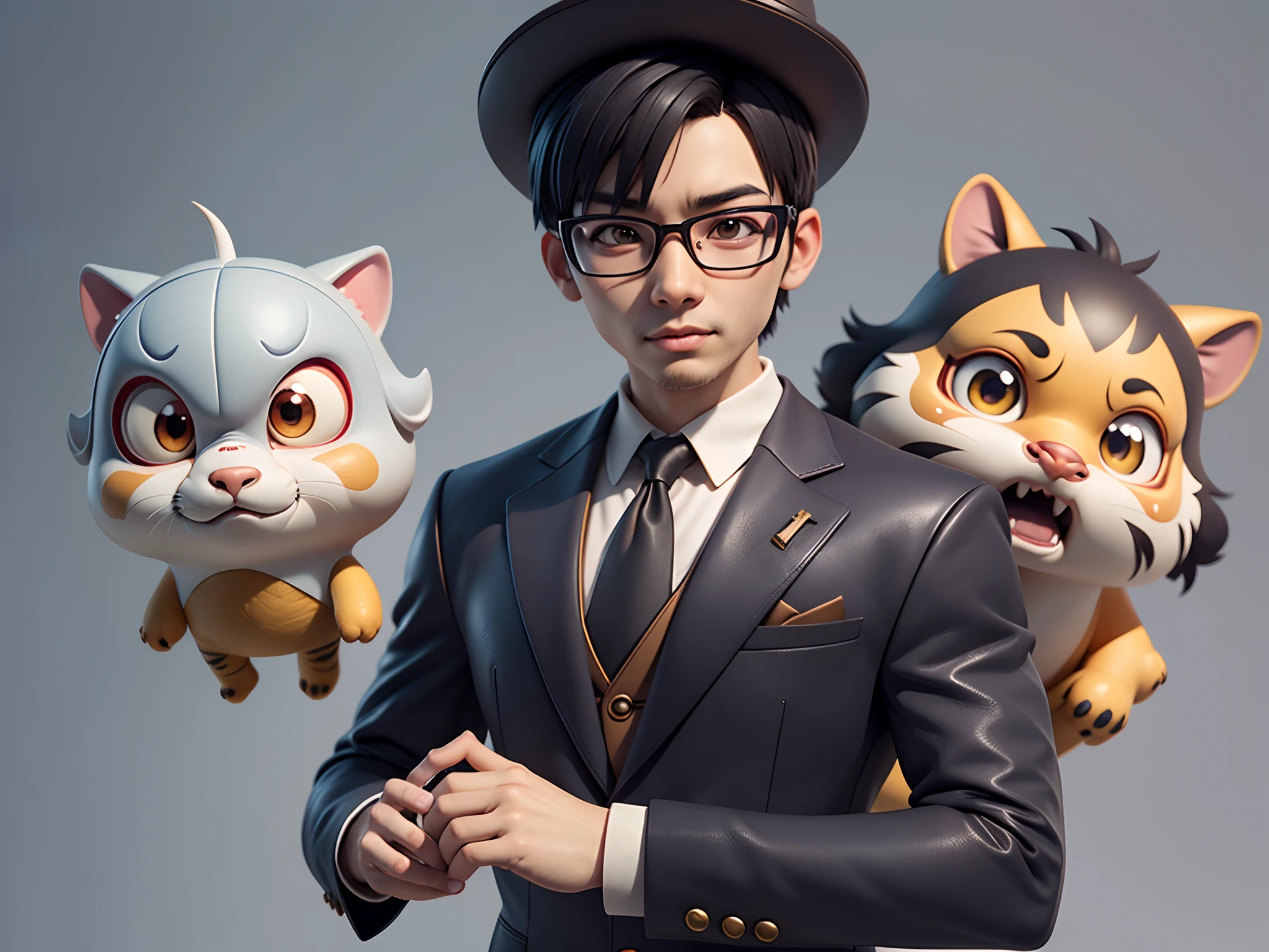 Young man with oriental face in leather hat, tiger, oriental face in formal suit, short black hair, silver glasses, digital painting, 3D character design by Mark Clairedon and Pixar and Hayao Miyazaki and Akira Toriyama, the illustration is a high-definition illustration in 4K resolution with very detailed facial features and cartoon-style visuals.