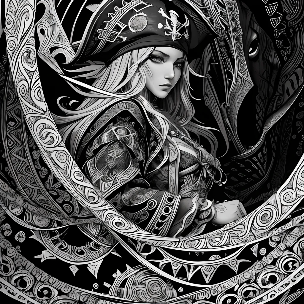 Pirates, black and white, zentangle (best quality) ultra-detailed, fine line drawing, fine line art, coloring book illustration style, intricate linework, highly detailed illustration, perfect composition, beautiful and stunning, dynamic angle, high contrast, incredible shading, incredible detail, unique style, black and white details, (dark and mystical atmosphere), intricate and detailed nature elements.