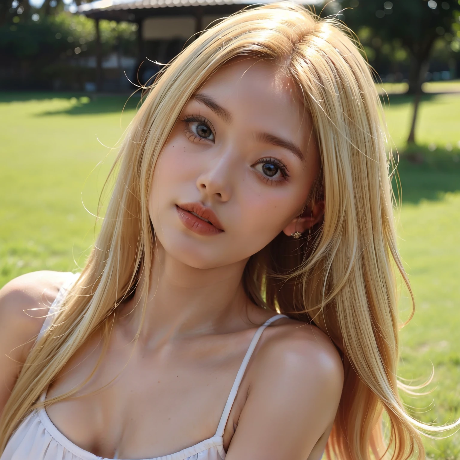 1 fita, peach girl, campo，pele brilhante，blonde hair, cabelo vermelho。