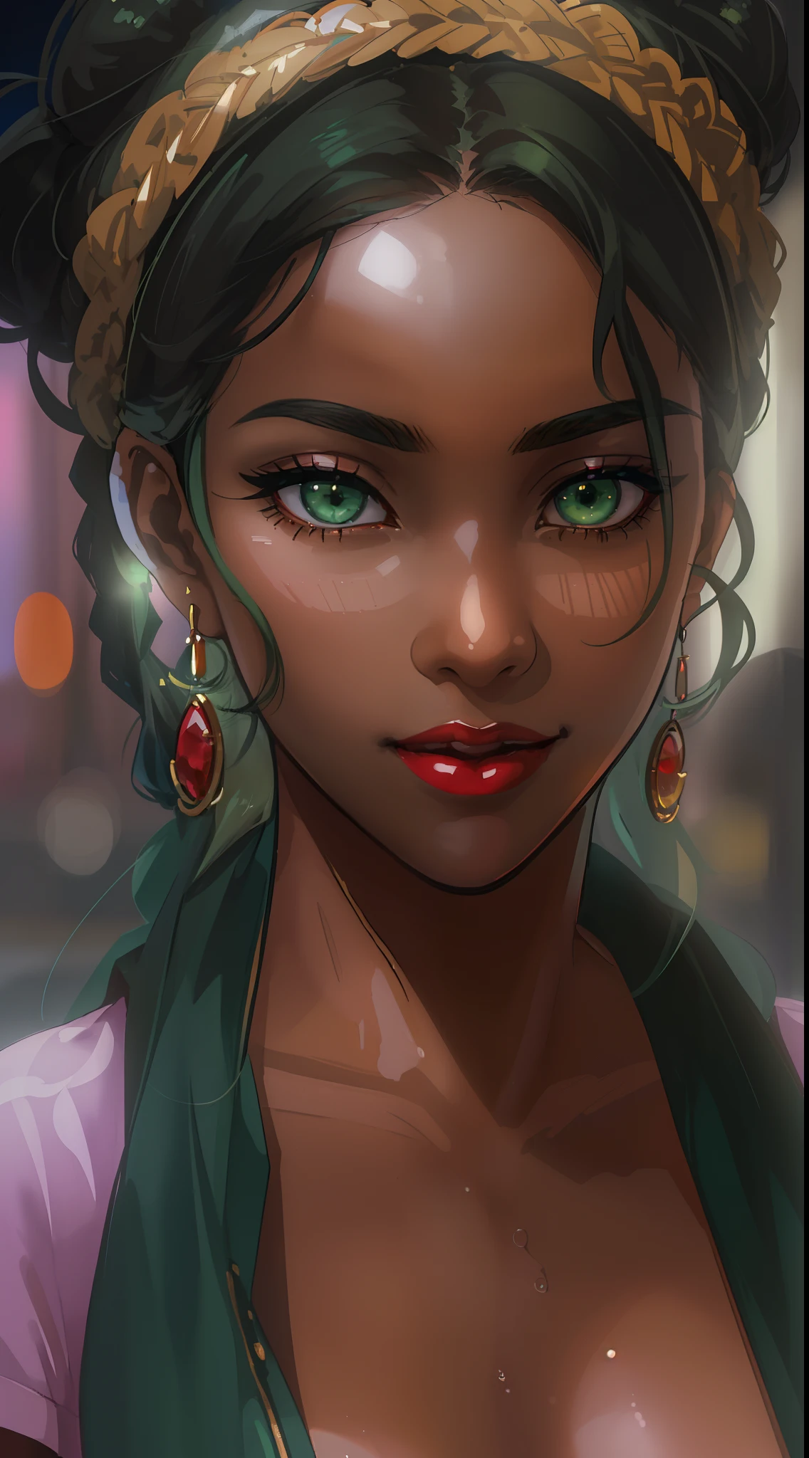 ((((A young woman))), the anime, ( Green eyes), (black hair), Nice face, ssmile, the perfect body, , (((morena))), big breastes, ((tmasterpiece, beste-Qualit)), illustartion, Ультра деталпазированная 8k, Photorealistic, sharp-focus, higly detailed, Professional lighting, Bright make-up, red-lips, Toenails and fingernails are varnished, (dark skin:1,2), short stature, dark skin, Indian woman, African hair, dreds, urban style, casual wear, casual shoes, confectionery, buns, pasties, Cakes