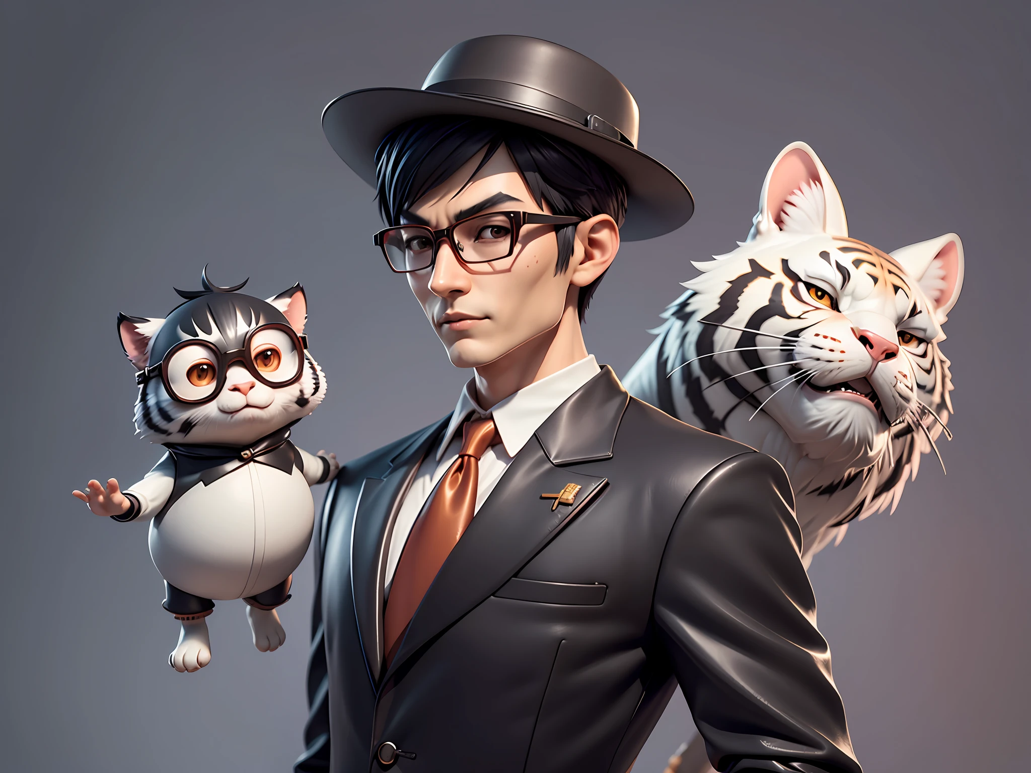 Young man with oriental face in leather hat, tiger, oriental face in formal suit, short black hair, silver glasses, digital painting, 3D character design by Mark Clairedon and Pixar and Hayao Miyazaki and Akira Toriyama, the illustration is a high-definition illustration in 4K resolution with very detailed facial features and cartoon-style visuals.