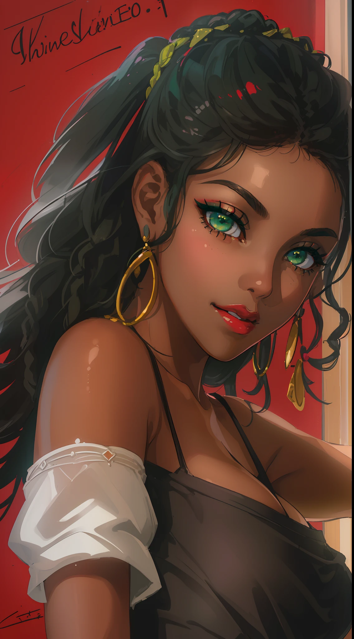 ((((A young woman))), the anime, ( Green eyes), (black hair), Nice face, ssmile, the perfect body, , (((morena))), big breastes, ((tmasterpiece, beste-Qualit)), illustartion, Ультра деталпазированная 8k, Photorealistic, sharp-focus, higly detailed, Professional lighting, Bright make-up, red-lips, Toenails and fingernails are varnished, (dark skin:1,2), short stature, dark skin, Indian woman, African hair, dreds, urban style, casual wear, casual shoes, confectionery, buns, pasties, Cakes