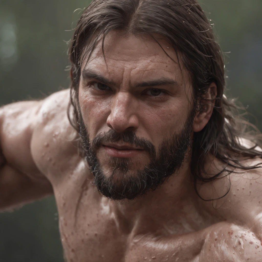 (Professional 3D rendering:1.3) de (Realistic:1.3) Foto de arte mais bonita do mundo,Features soft, bright male heroes, ((Epic hero fantasy rough muscular man wet hero angry look long hair short beard and fierce expression in dynamic pose, fantastic location, majestoso ambiente desordenado)), corpo inteiro 8k unidade render, action shot, poros da pele, very dark lighting, sombreamento pesado, circunstanciado, Rosto detalhado, (vibrante, fotogrdeia realista, Realistic, Dramatic, Escuro, foco nítido, 8k), (Old leather clothes damaged by bad weather:1.4), ((((Use peles)))), (intrincado:1.4), decadente, (altamente detalhado:1.4), pintura digital, rendering by octane, art stations, Conceito-Arte, liso, foco nítido, illustration, germe da arte, (Loish:0.23), Wlop Ilya Kuvshinov, e Greg Rutkowski e Alphonse Mucha Gracias, (global ilumination, studiolight, Light Volumetric), chuva forte, floating particles, patife, fantasia, Onze, corpo inteiroesbian, ((Fundo escuro e antigo da cidade:1.3)),CGSesociedade,art stations