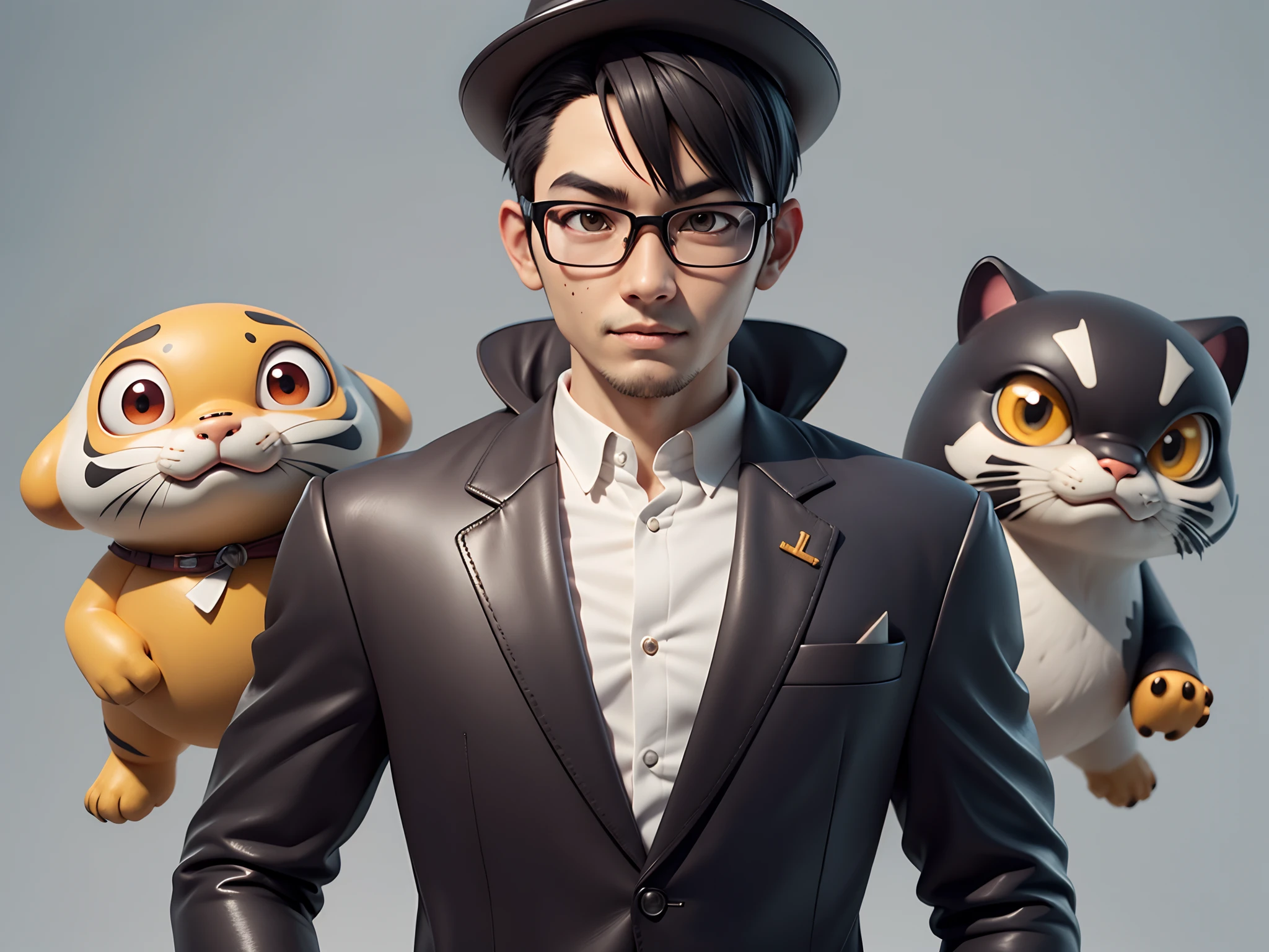 Young man with oriental face in leather hat, tiger, oriental face in formal suit, short black hair, silver glasses, digital painting, 3D character design by Mark Clairedon and Pixar and Hayao Miyazaki and Akira Toriyama, the illustration is a high-definition illustration in 4K resolution with very detailed facial features and cartoon-style visuals.