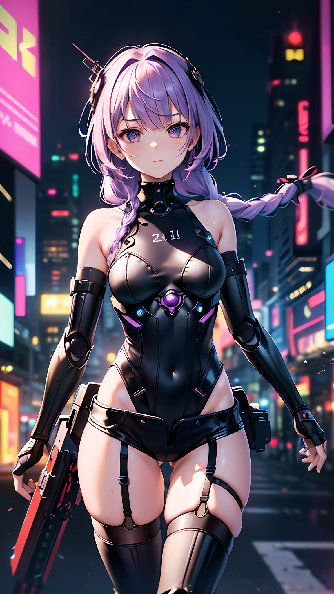 Top quality, Masterpiece, Ultra-detailed, Accurate depiction, Highly detailed 8k wallpaper, beautiful mechanical girl, Solo, (long braid with purple hair), (exoskeleton leotard and short_Shorts: 1.1), mechanical garter belt, (Mechanical joint, mechanical rim), Five fingers, mechanical cyber goggles, (exposed bare shoulders, Bare with thighs: 1.2), Dynamic Angle, (Slow motion:1.2), (Motion blur:1.5), (Thin waist, Small breasts), Cyberpunk city,