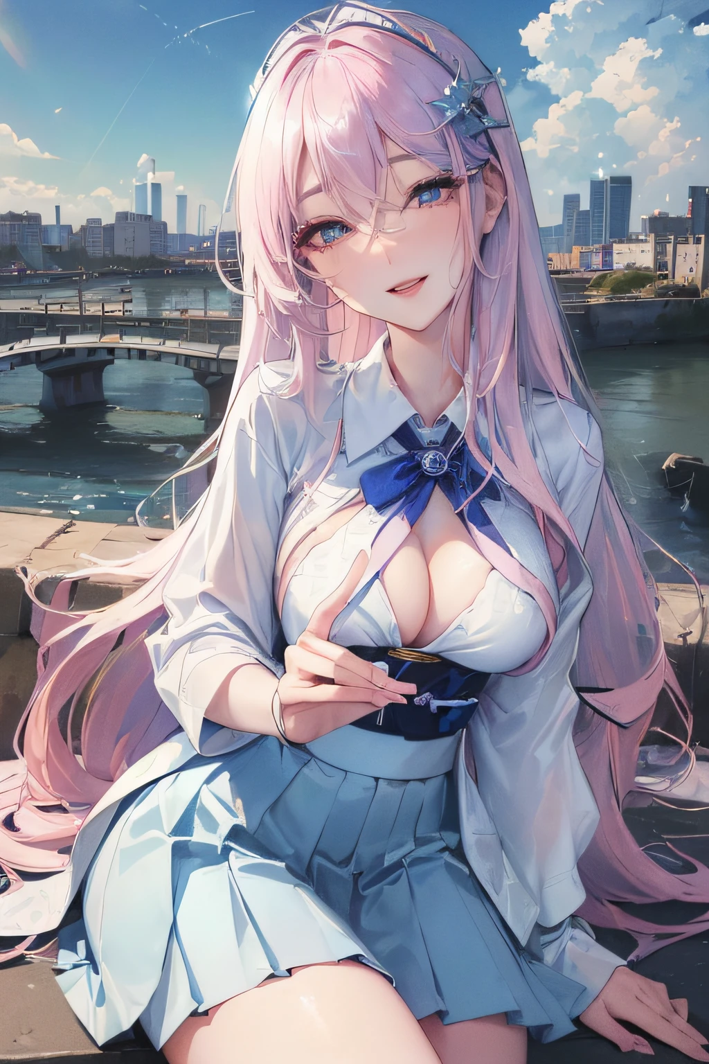 official art, masterpiece, sharp focus, (beautiful gorgeous cute Korean woman:1.3), (beautiful cute korean:1.3), korean beauty, Delicate and beautiful hair and eyes and face, realistic, ultra detailed, beautiful girl, blue sky, glow white particle, (sidelighting:1.2), sun light, white cloud, detailed clouds, slender, Lovely very large breasts and very large hips, smile with teeth, ((smile with eyes, open both eyes)), scenery, long straight hair, sexy facial expression, building, (cityscape:1.7), dynamic hair, long straight hair, detailed platinum pink hair, glow blue eyes, (blue pleated shirts + white skirt), white long socks, pale skin, hair ornament, epic scenery,