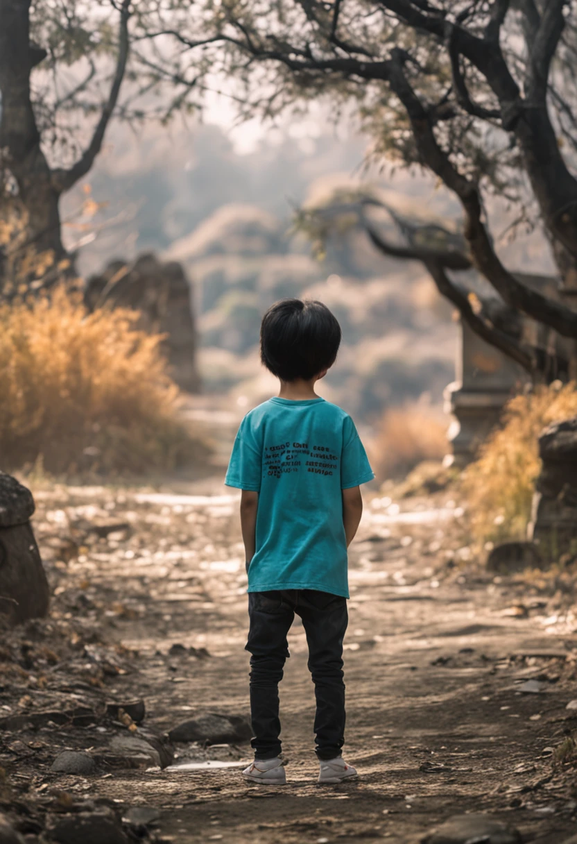 Chinese teenager，Full body view。Lens sensing，Determination、adolable，The Chinese teenager was playing in the graveyard，His hair is dark，There is a flaky cemetery。8K quality，Landscape Photography，Gangnam Junior