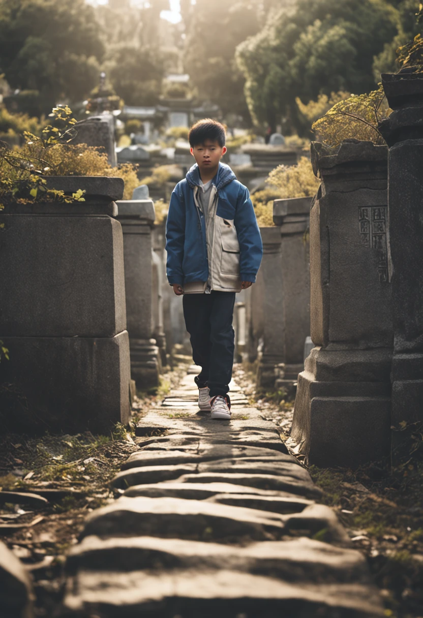 Chinese ager,Full body view。Lens sensing,Determination、adolable,The Chinese teen was playing in the graveyard,His hair is dark,There is a flaky cemetery。8K quality,Landscape Photography,Gangnam Junior
