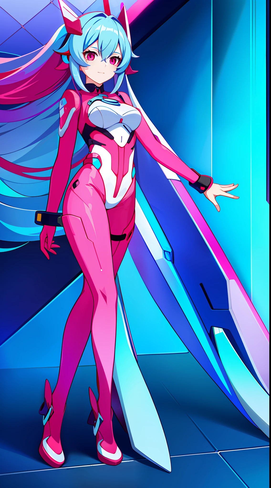 young girl, long cyan blue hair, red eyes, ssmile, opened mouth, pink plugsuit, Masterpiece, hiquality