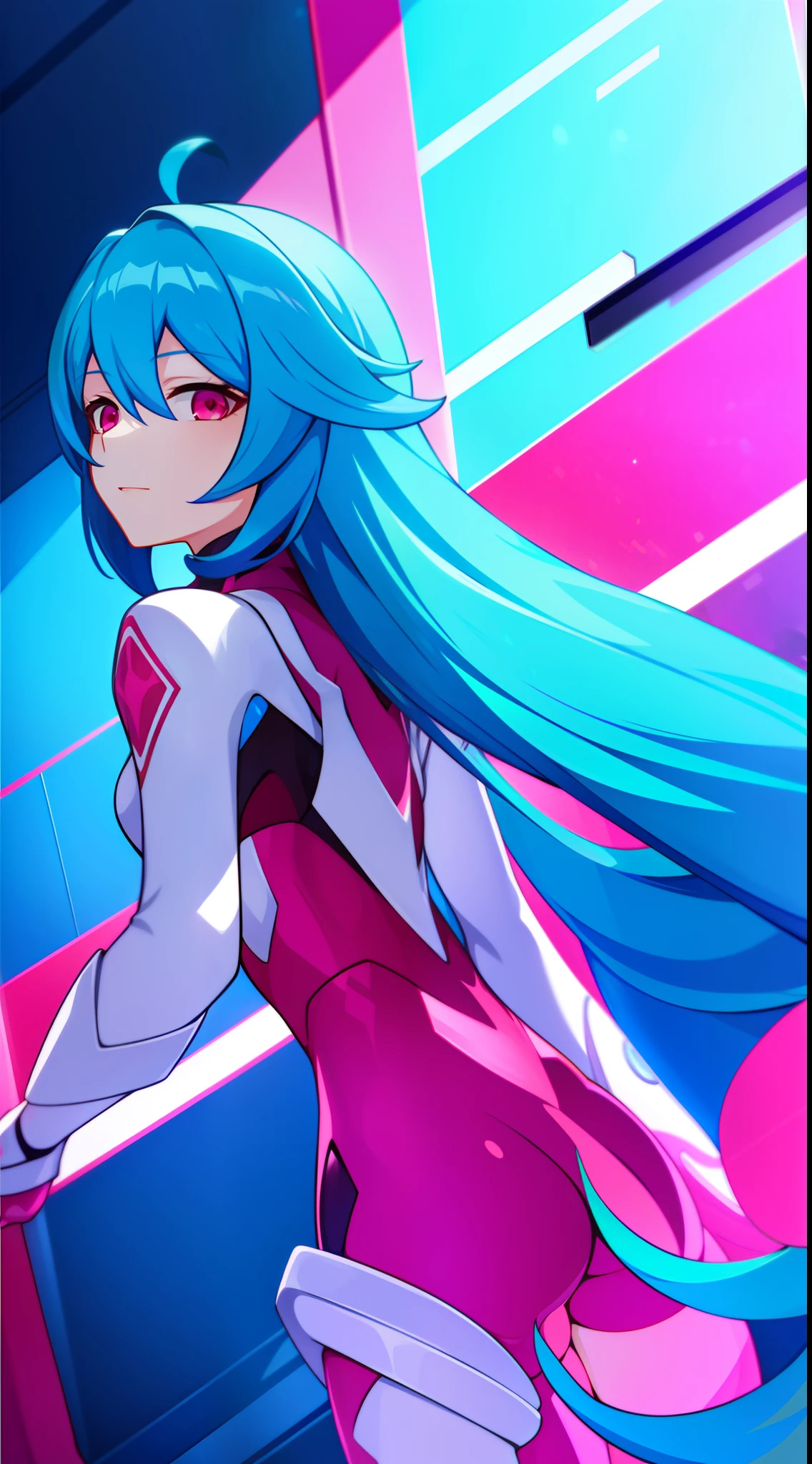 young girl, long cyan blue hair, red eyes, ssmile, opened mouth, pink plugsuit, Masterpiece, hiquality