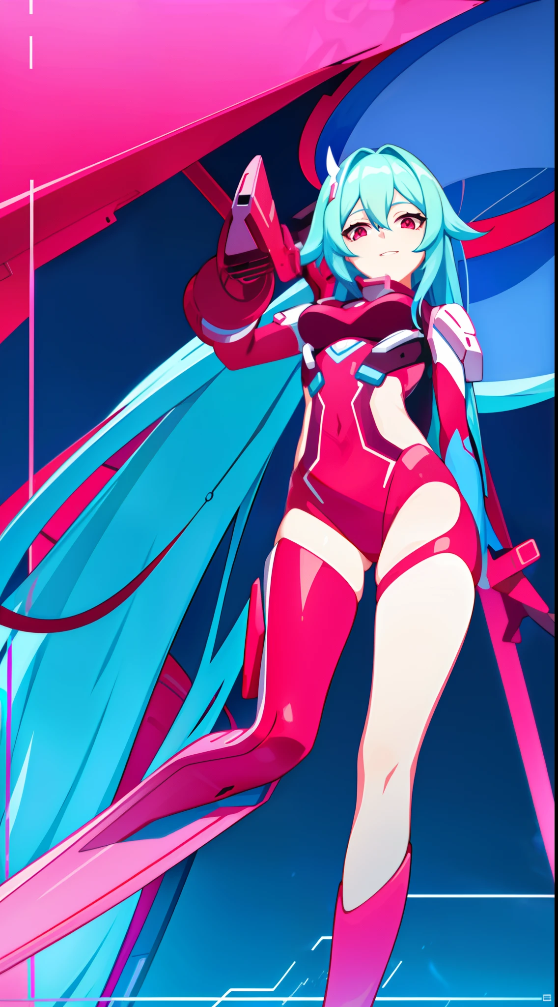 young girl, long cyan blue hair, red eyes, ssmile, opened mouth, pink plugsuit, Masterpiece, hiquality