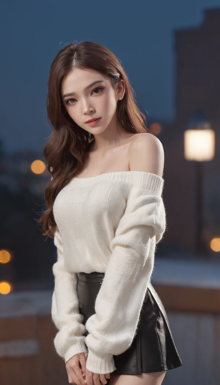 ((From below)), ((full bodyesbian)), ((Realistic)), (((off-the-shoulder clothes))), standing on your feet, erect through, during night, (An extremely delicate and beautiful work), (Masterpiece), 1girll, ((White sweater, Short black skirt, high-heels)), Highly detailed, curlies, long whitr hair, Enchanted expression, beautiful and clear eyes, blue eye pupil, Delicate pearl necklace, Delicate earrings, Simple blurred background, Extreme detail description, Charming, Ultra-fine painting, Delicate face, slim toned body, Fine collarbones, mix4,(8K, RAW photo, best qualtiy, Masterpiece:1.2), Cityscape, Night, rain, Wet, Professional lighting, フォトンマッピング, ラジオシティ, Physically-based rendering, (correct hand), (anatomy correct)