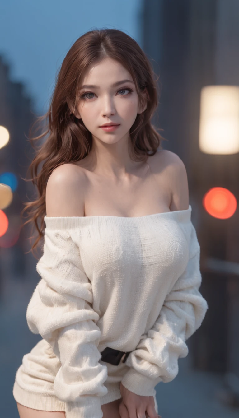 ((From below)), ((full bodyesbian)), ((Realistic)), (((off-the-shoulder clothes))), standing on your feet, erect through, during night, (An extremely delicate and beautiful work), (Masterpiece), 1girll, ((White sweater, Short black skirt, high-heels)), Highly detailed, curlies, long whitr hair, Enchanted expression, beautiful and clear eyes, blue eye pupil, Delicate pearl necklace, Delicate earrings, Simple blurred background, Extreme detail description, Charming, Ultra-fine painting, Delicate face, slim toned body, Fine collarbones, mix4,(8K, RAW photo, best qualtiy, Masterpiece:1.2), Cityscape, Night, rain, Wet, Professional lighting, フォトンマッピング, ラジオシティ, Physically-based rendering, (correct hand), (anatomy correct)