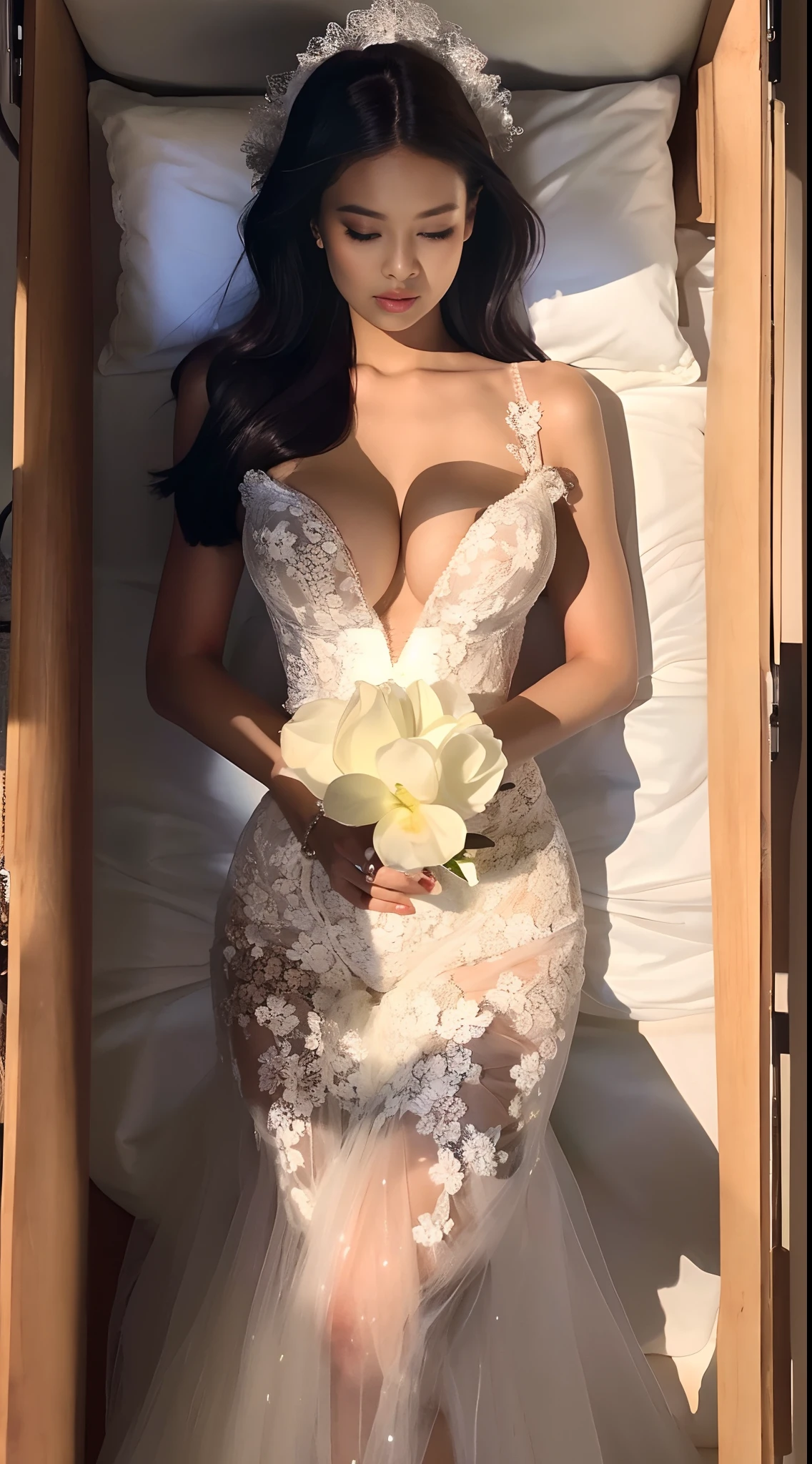 1girl, jennierubyjenes, solo, wooden casket, girl sleep in casket, girl laying in casket, eyes closed, closed mouth,(interlocked_fingers:0.961), (own_hands_together:0.971), (straight:0.971), (own_hands_clasped:0.961), (absolute cleavage), straight body, straight legs, big boobs, round breasts, (full body viewed), (sexy breast), (sexy cleavage), (around the casket is a wreath of flowers), (((black hair))), ((blonde hair)), ((wearing a V-neckline wedding dress with flower-shaped lace and a long sleeve)), ((maid dress)), ((long dress)), head on pillow