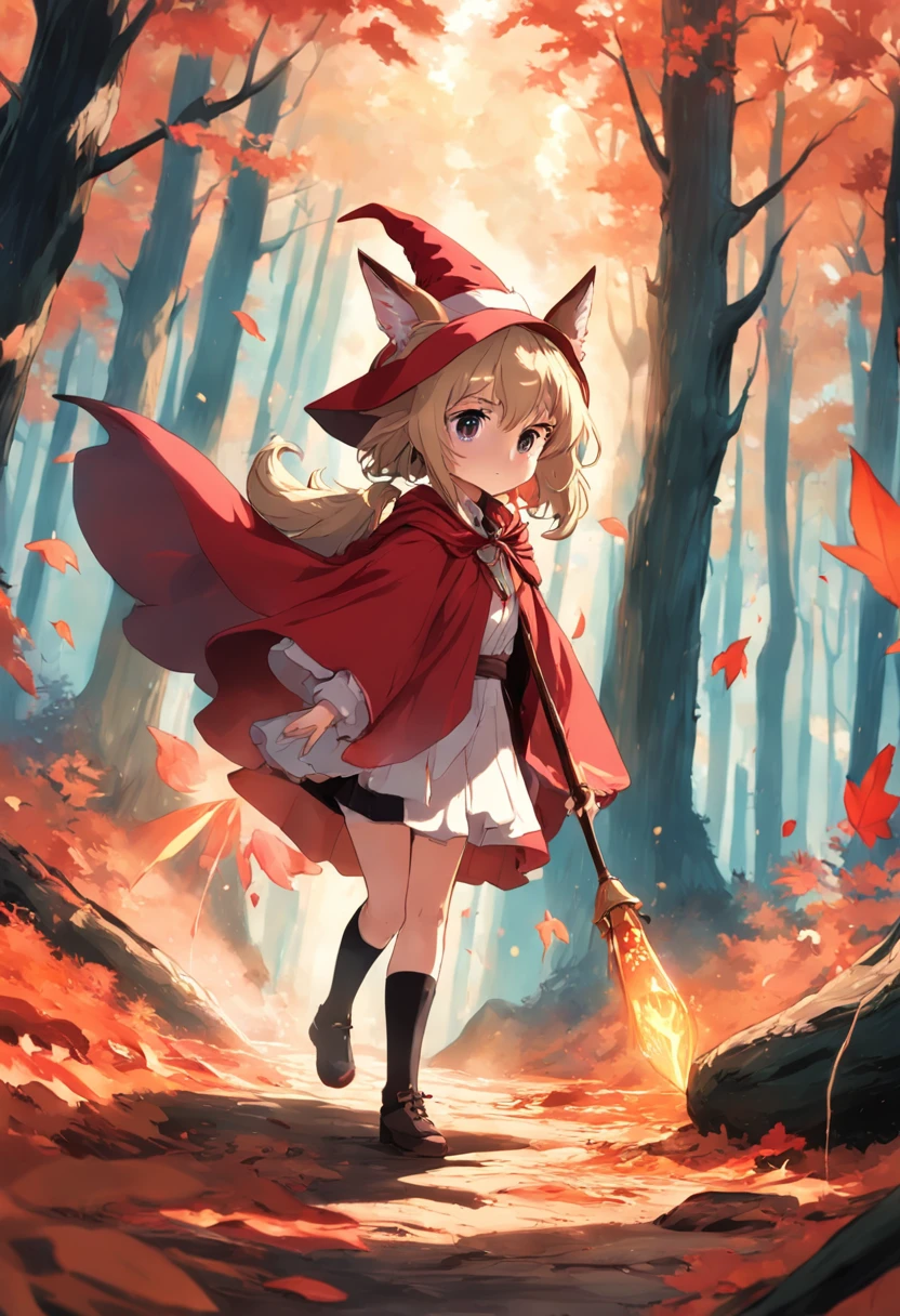 Deep forest,falling leaf,magical girl,Red cape,Red witch hat,magical staff,fawn