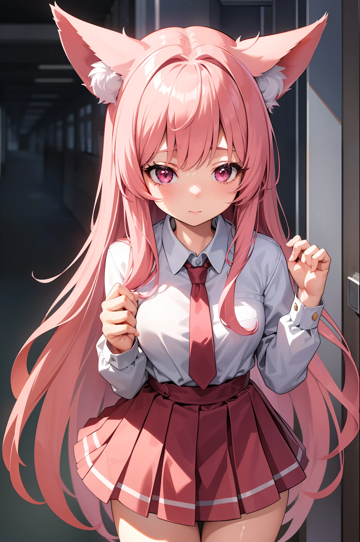 1girl, School Corridor, Cowboy shot, school uniform,, Masterpiece, Best Quality, Highly detailed, rose hair, hairlong, pink eyes, pink fox ears, Adult girl
