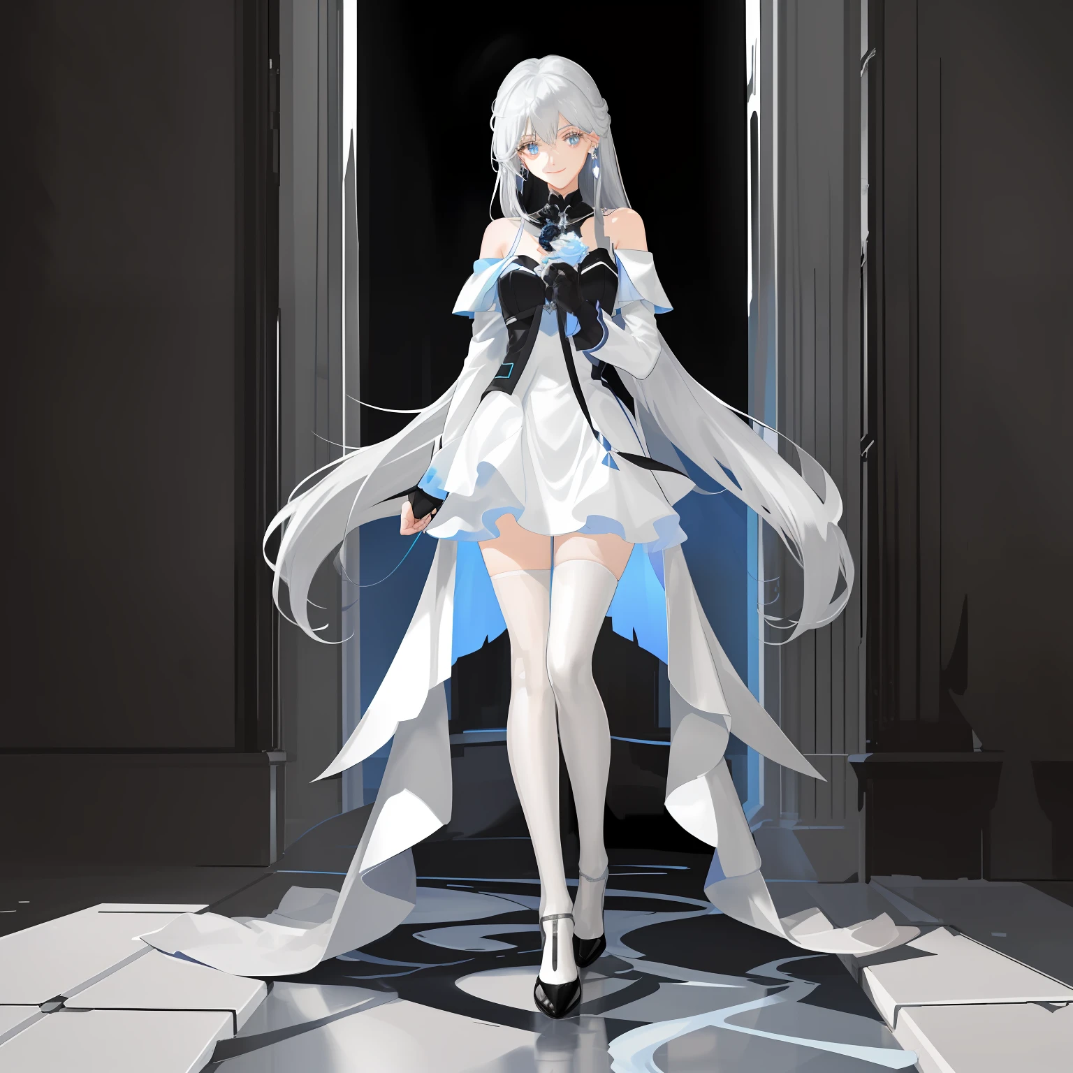 Expose the upper chest，A mature female big sister，Slim and well-proportioned，Hands on the chest，Holding a blue rose，Long flowing gray-white hair，Split head，Sky blue pupils，light  smile，Pure white off-the-shoulder dress，Silver crossed earrings，Long legs，black lence stockings，Black leather shoes