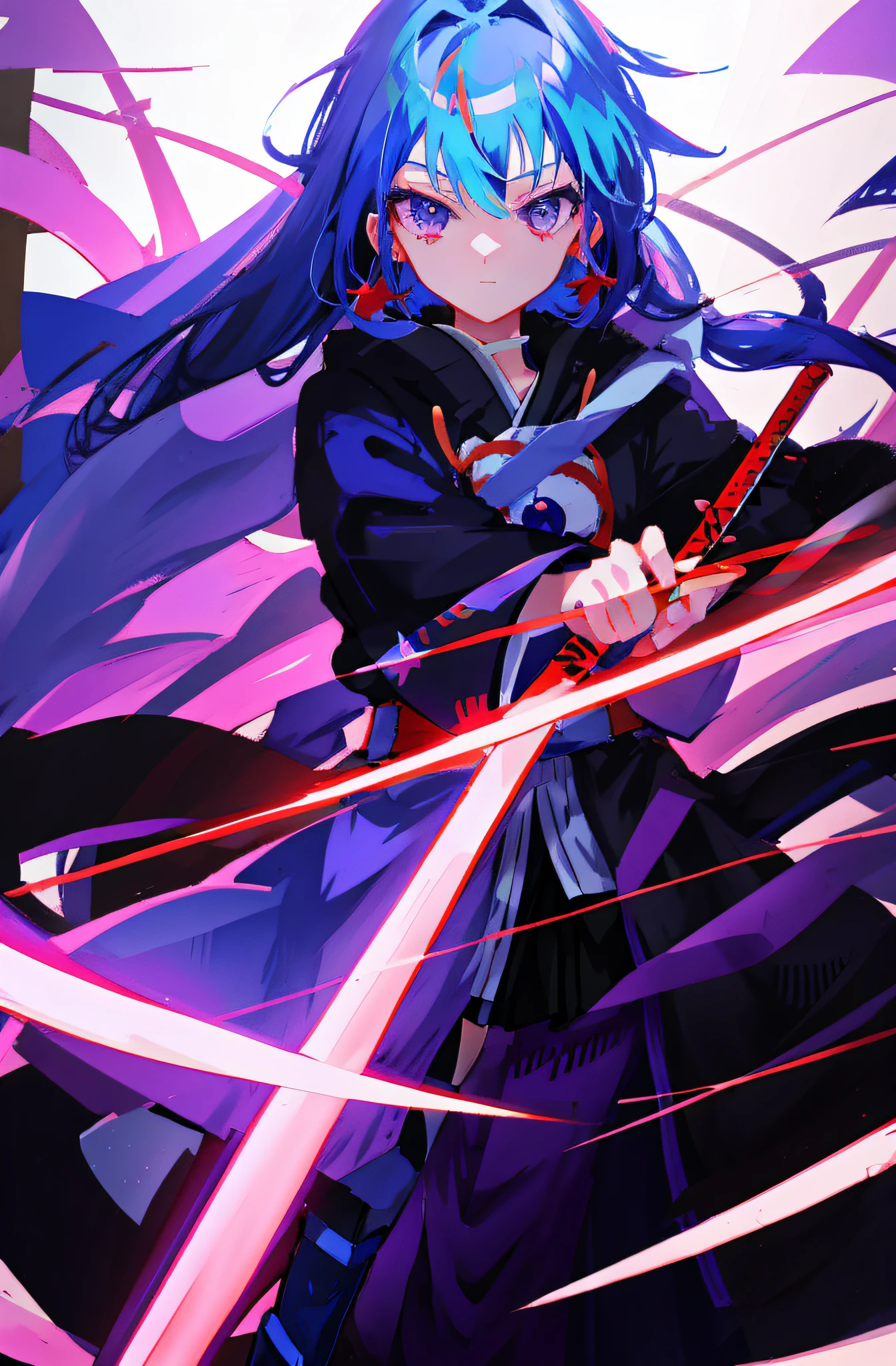 [(RED BACKGROUND:1.5),::5], ((((masterpiece)))), high quality, ultra very high resolution, full color, (((solo))), ((girl)), Purple hair, (Black eyes), anime, ((upper body)), neon light, black parka, YANDERE, (Bloody effect:1.5)