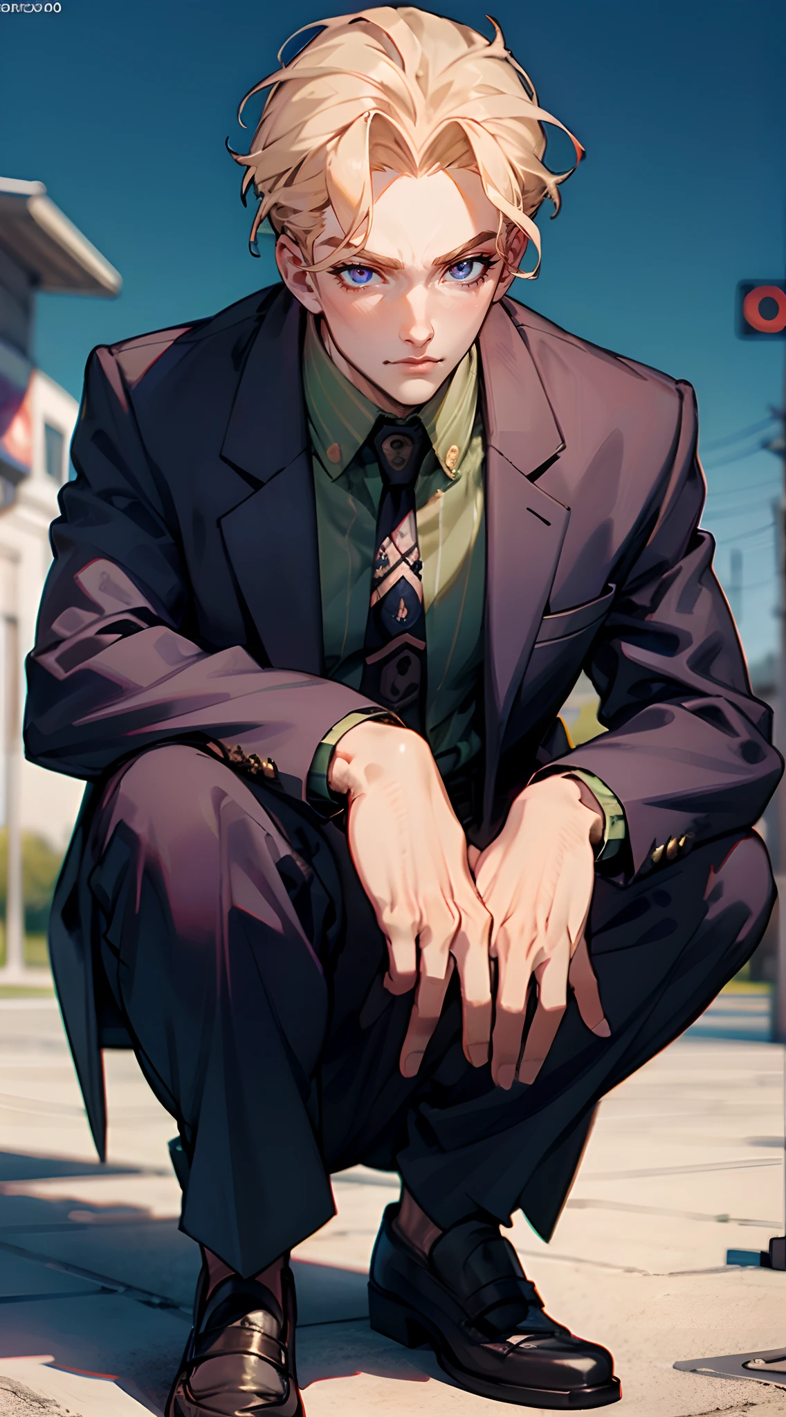 kirayoshikage, kira yoshikage, 1boy, blonde hair, short hair, mature male, cheekbones, purple eyes,
BREAK belt, formal, necktie, shoes, suit,,
BREAK looking at viewer,
BREAK outdoors, park,
BREAK (masterpiece:1.2), best quality, high resolution, unity 8k wallpaper, (illustration:0.8), (beautiful detailed eyes:1.6), extremely detailed face, perfect lighting, extremely detailed CG, (perfect hands, perfect anatomy), squatting