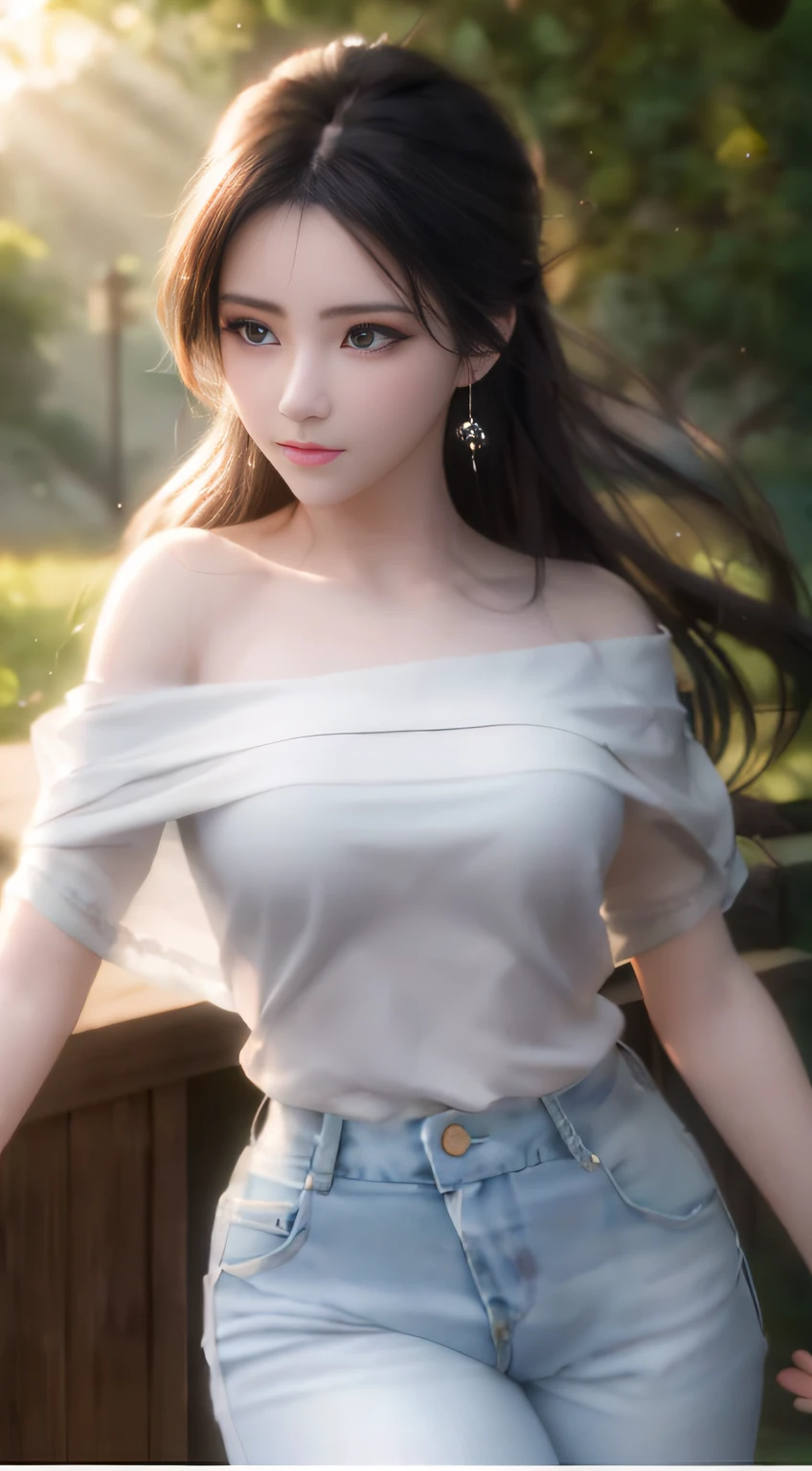 a close up of a woman in a white top and jeans, beautiful and seductive anime woman, Smooth anime CG art, Beautiful anime girl, attractive anime girls, Guviz-style artwork, beautiful alluring anime , Beautiful anime woman, photorealistic anime girl rendering, Realistic anime 3 D style, Beautiful Asian girl, like artgerm