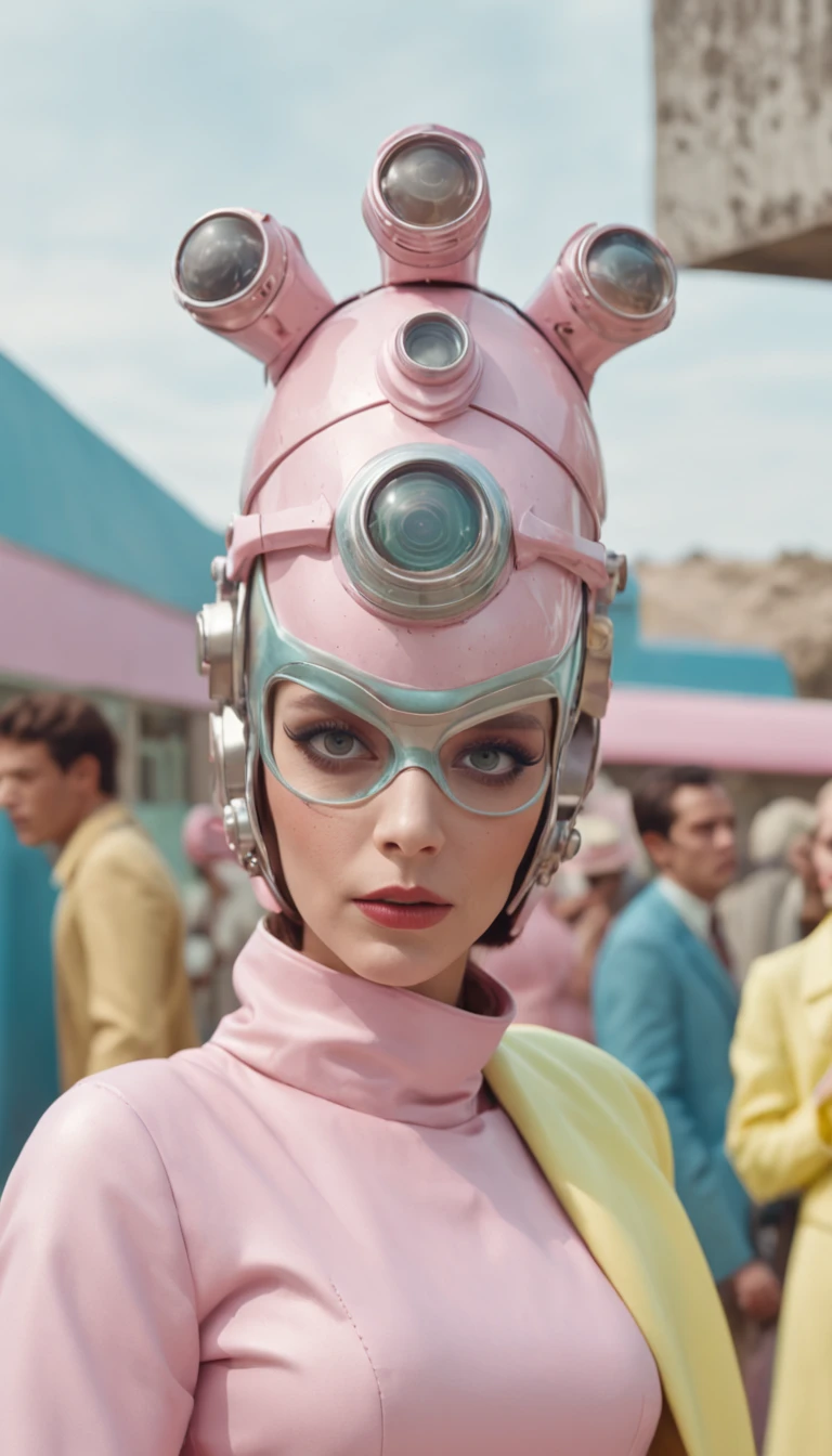 8k portrait of a 1960s science fiction film by Wes Anderson, Vogue anos 1960, pink pastel colors, amarelo, azul, verde, There are people wearing weird futuristic chameleon masks and wearing extravagant retro fashion outfits and men and women wearing alien makeup and old ornaments with mechanical pets in town, Luz Natural, Psicodelia, futurista estranho, fotorrealista, hiper detalhado, foco nítido, Intrinsic, Fuji filmes 55mm,