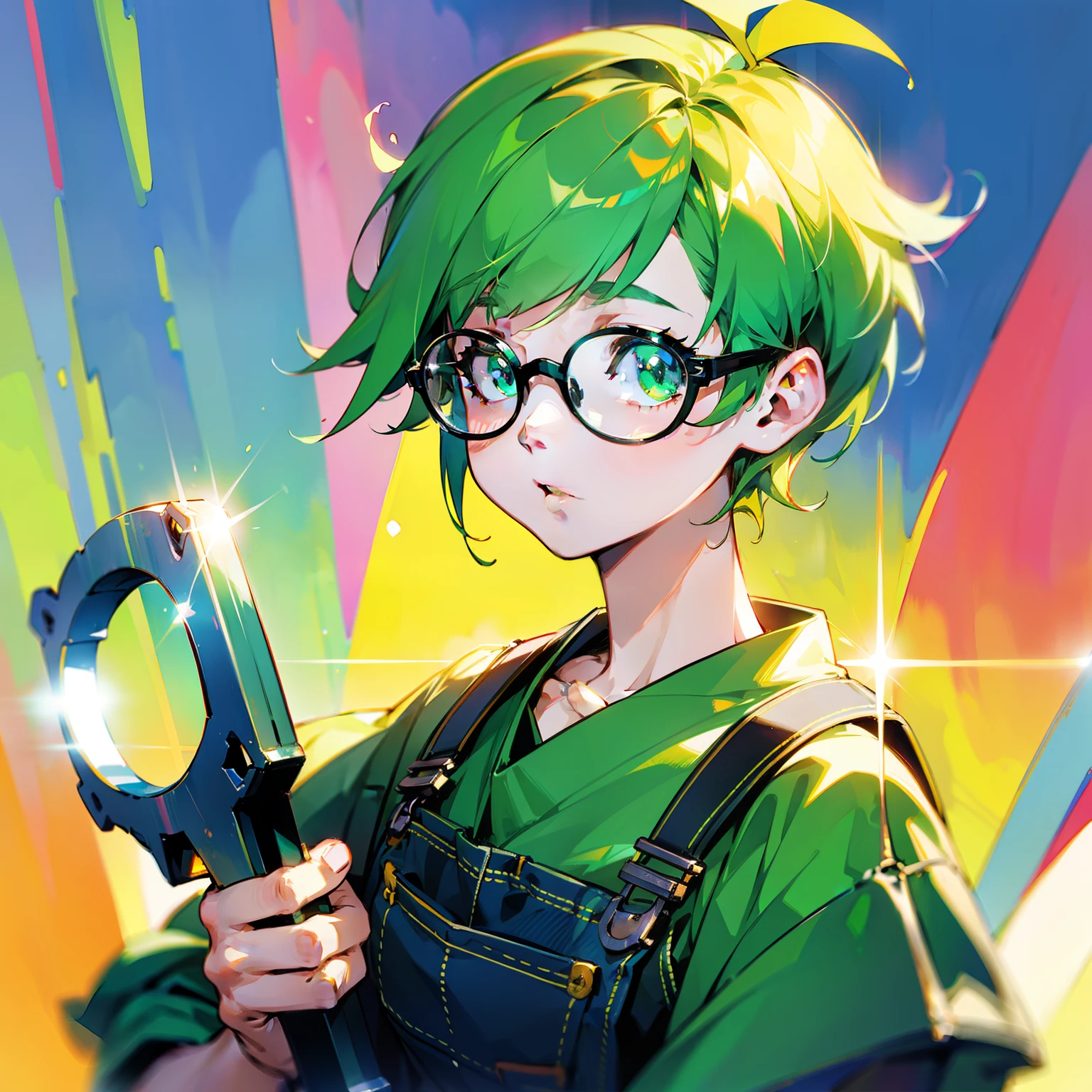 Fat green hair man short 2 block hairstyle、wears glasses、Wearing overalls、Holding a spanner in your hand、softfocus、Colorful light gradient、watercolor paiting、lensflare、kirakira、Glow、Dreamy