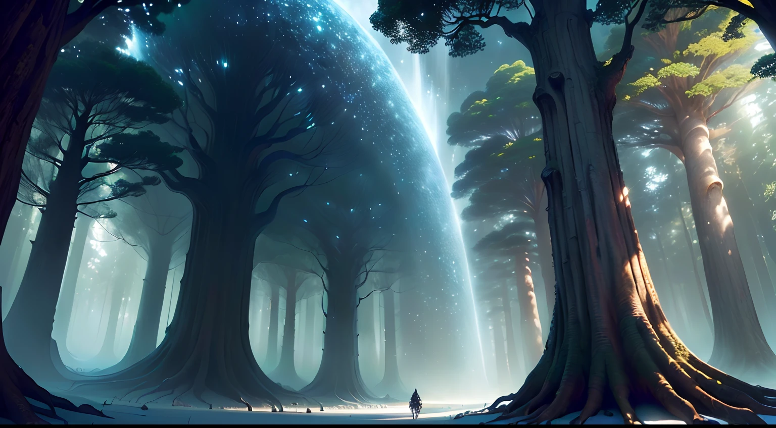 ((melhor qualidade)), ((obra-prima)), (detalhado),Uma floresta densa e encantada, iluminada pelo suave brilho da lua. Tall and ancient trees, with crooked roots and bright foliage, formam caminhos misteriosos. Magical creatures lurk in the shadows, e uma trilha luminosa sugere o caminho da estrela cadente., (Fantasy Illustration: 1.3), olhar encantador, charme sobrenatural, mystical sky, (Luis Royo:1.2), (Yoshitaka Amano:1.1), noite de luar, cores suaves, (paisagem de nuvens detalhada:1.3), (alta resolução:1.2)