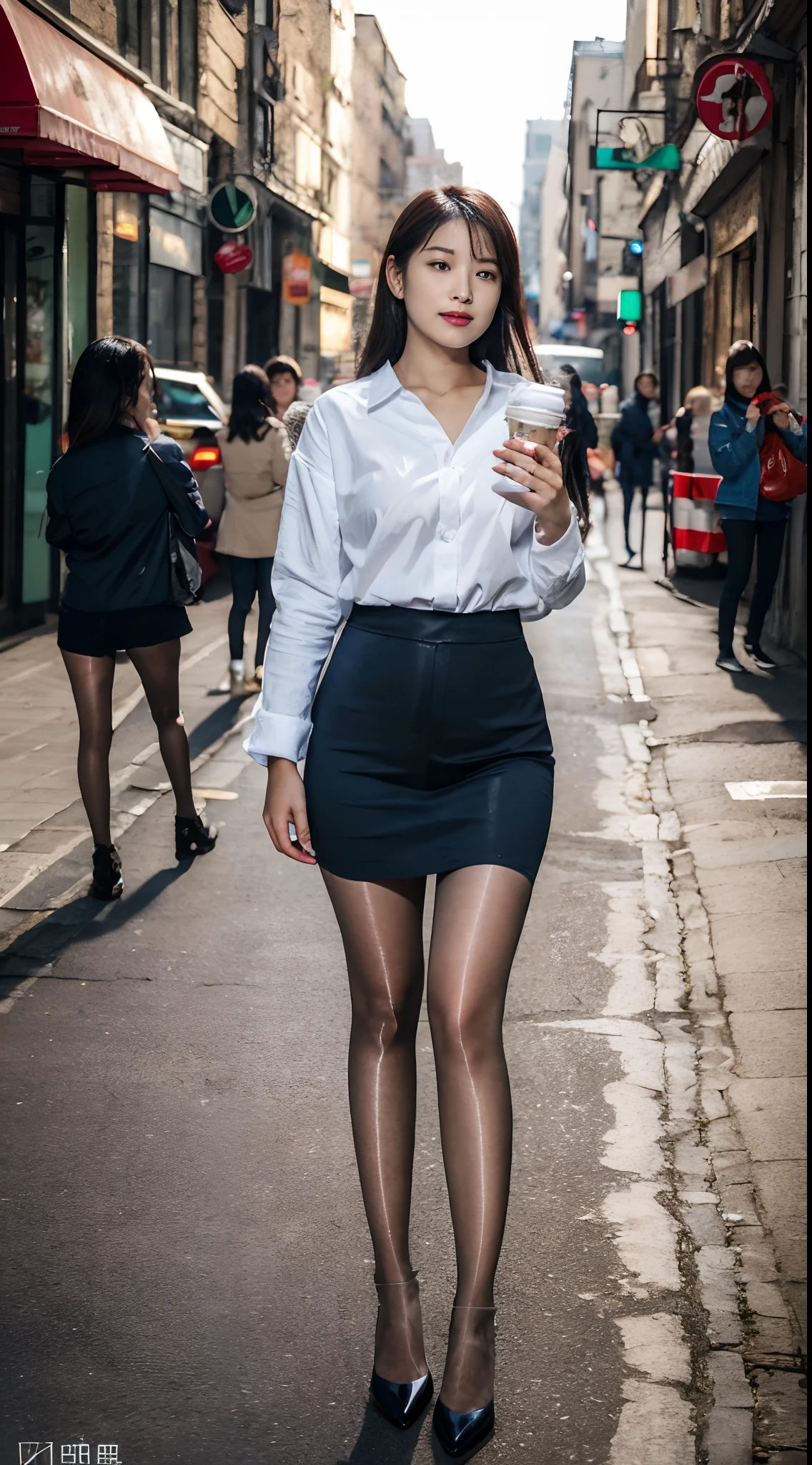 ,(RAW photo:1.2), (Photorealistic:1.4), Street photography,Beautiful Meticulous Girl, very detailed eyes and faces, Beautiful detailed eyes, ultra - detailed, A high resolution, The is very detailed，best qualtiy，tmasterpiece，Nice looking top，a skirt，illustratio，The is very detailed，unified，8k 壁纸，finely detailled，tmasterpiece，best qualtiy，Unity8k wallpapers，light in face，cinmatic lighting, 1girll, ，(Camel toes)，(full bodyesbian)，are standing，鎖骨，Stylish clothes,Short skirt skirt，Long legs，high-heels，the street，城市，Bright stockings