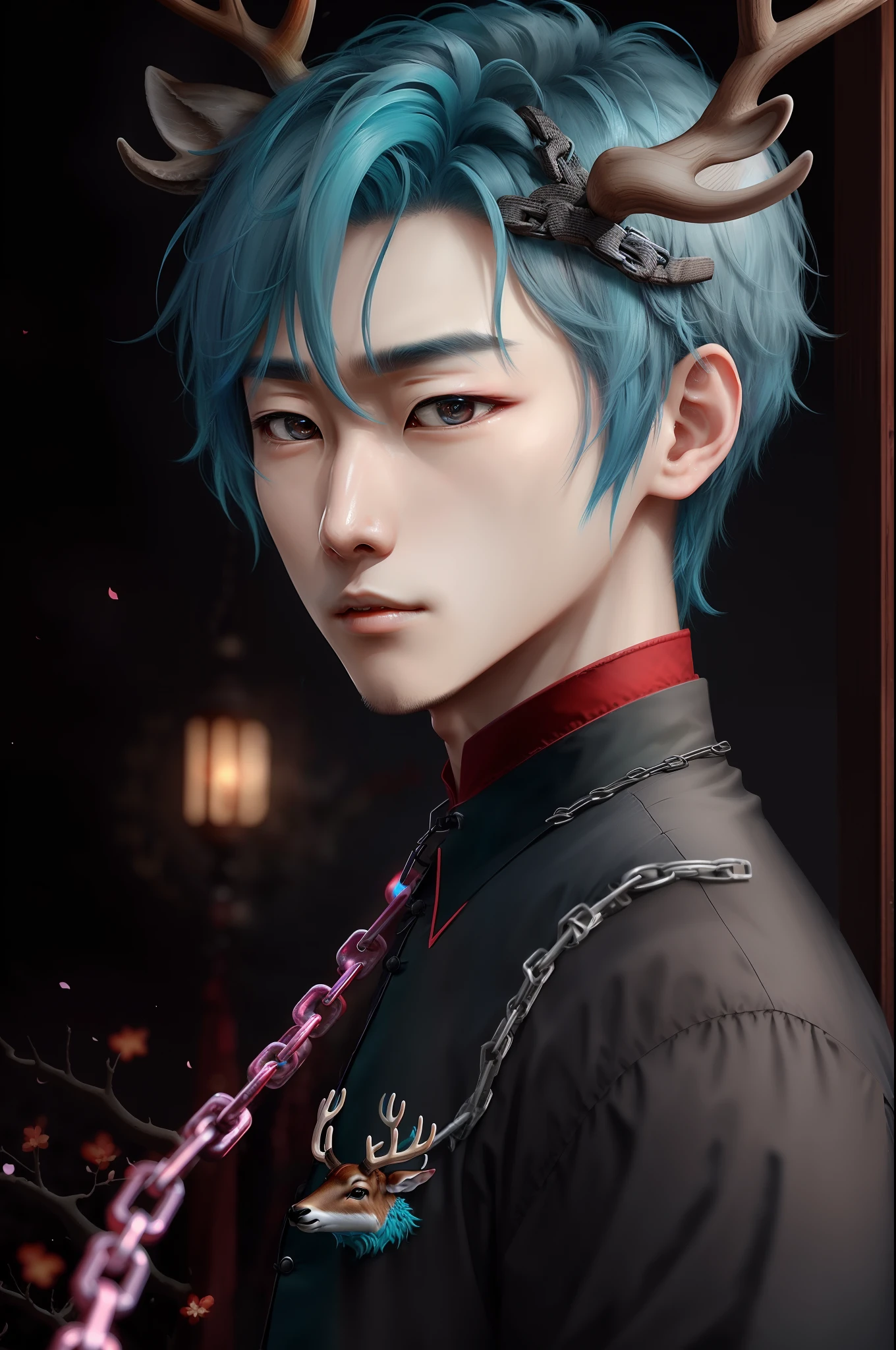 Adult Male,being thin。Eyes don't have to be too big,The nose is small and delicate,thin lipss。blue hairs,deer antlers,There are chains on the face。
