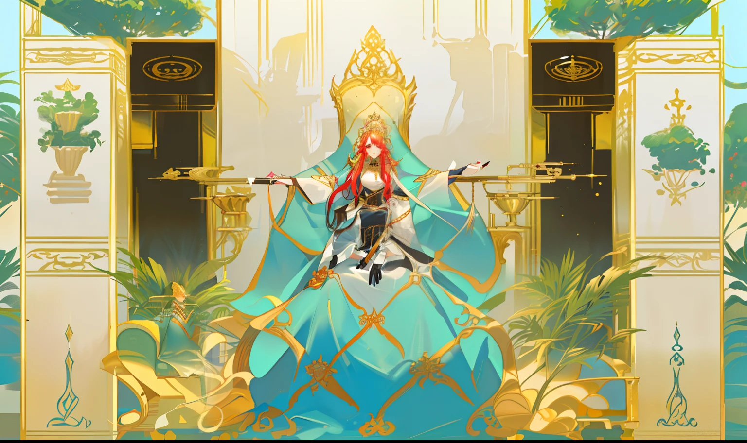 a close up of a cartoon character with a sword in a room, red fox,in a throne room, Stand in the throne room,,exquisitely designed throne room, sitting on a golden throne