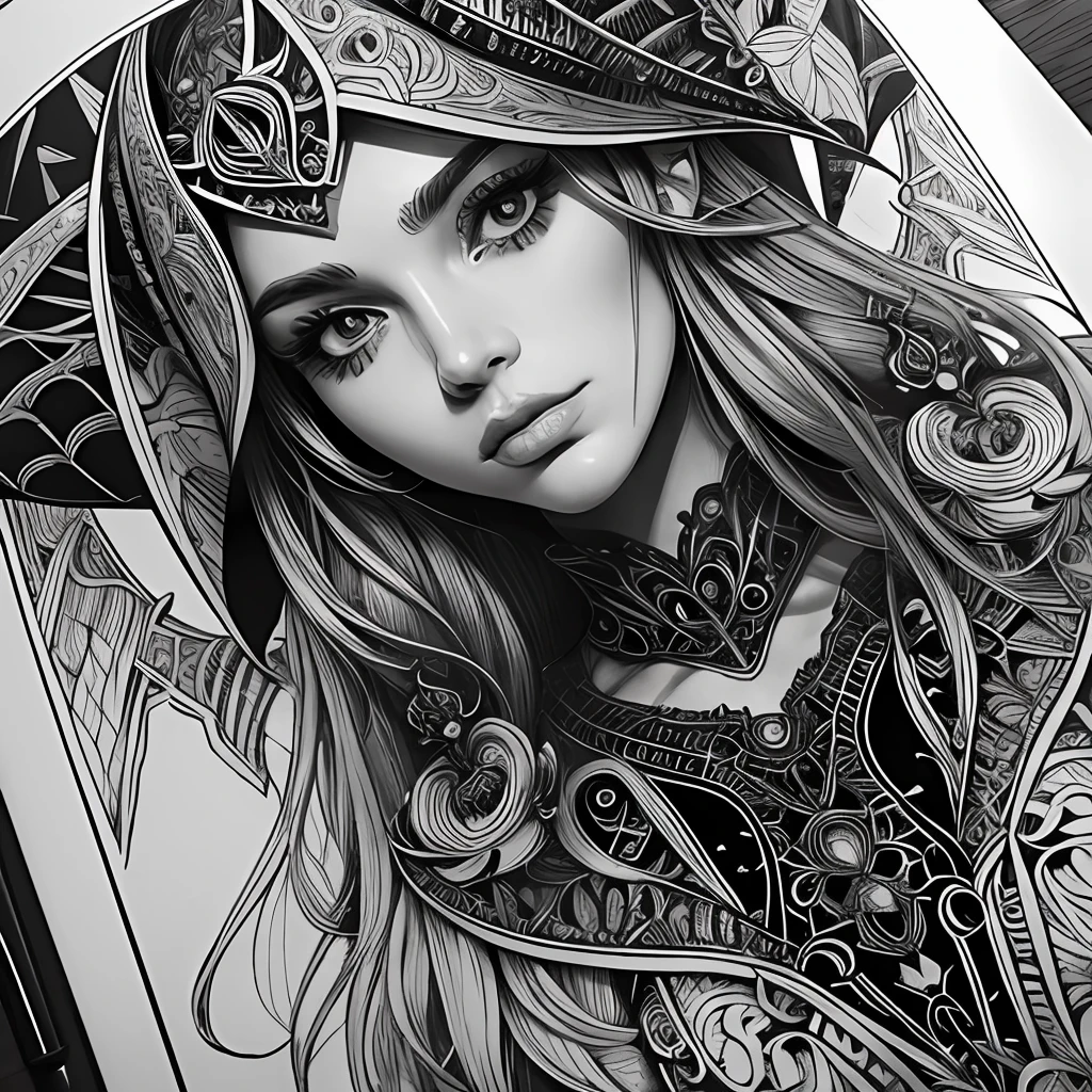Female Pirate, black and white, zentangle (best quality) ultra-detailed, fine line drawing, fine line art, coloring book illustration style, intricate linework, highly detailed illustration, perfect composition, beautiful and stunning, dynamic angle, high contrast, incredible shading, incredible detail, unique style, black and white details, (dark and mystical atmosphere), intricate and detailed nature elements.