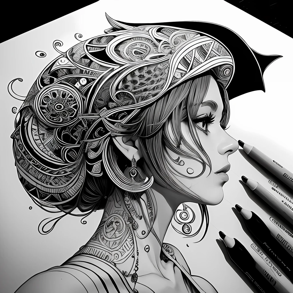 Female Pirate, black and white, zentangle (best quality) ultra-detailed, fine line drawing, fine line art, coloring book illustration style, intricate linework, highly detailed illustration, perfect composition, beautiful and stunning, dynamic angle, high contrast, incredible shading, incredible detail, unique style, black and white details, (dark and mystical atmosphere), intricate and detailed nature elements.