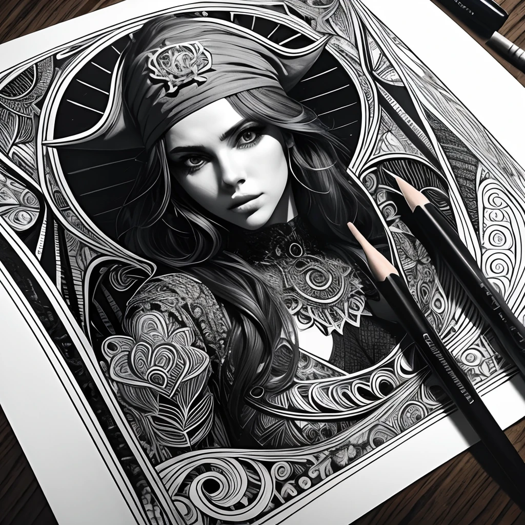 Female Pirate, black and white, zentangle (best quality) ultra-detailed, fine line drawing, fine line art, coloring book illustration style, intricate linework, highly detailed illustration, perfect composition, beautiful and stunning, dynamic angle, high contrast, incredible shading, incredible detail, unique style, black and white details, (dark and mystical atmosphere), intricate and detailed nature elements.