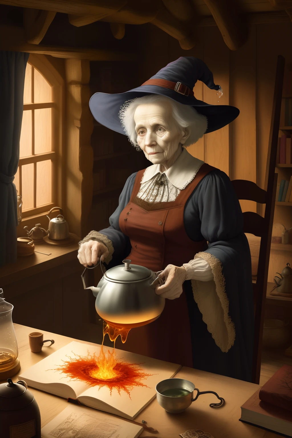 image of book illustration, Mixing liquids in a large kettle with old woman, in the witch house, pyrography, masterpiece, best work,