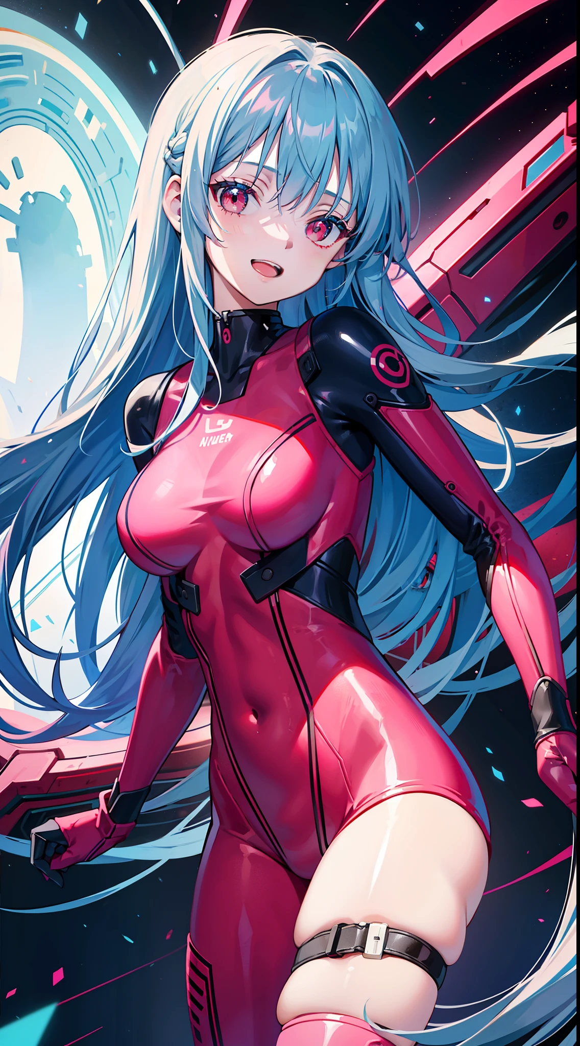 young girl, long blue hair, red eyes, ssmile, opened mouth, Pink Plug Suit, Masterpiece, hiquality