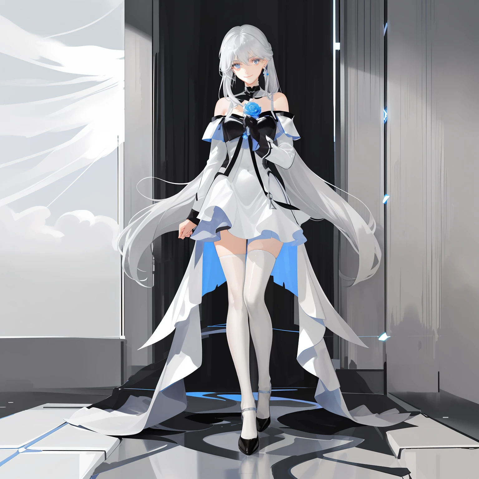 Expose the upper chest,A mature female big sister,Slim and well-proportioned,Hands on the chest,Holding a blue rose,Long flowing gray-white hair,Split head,Sky blue pupils,light smile,Pure white off-the-shoulder dress,Silver crossed earrings,Long legs,black lence stockings,Black leather shoes