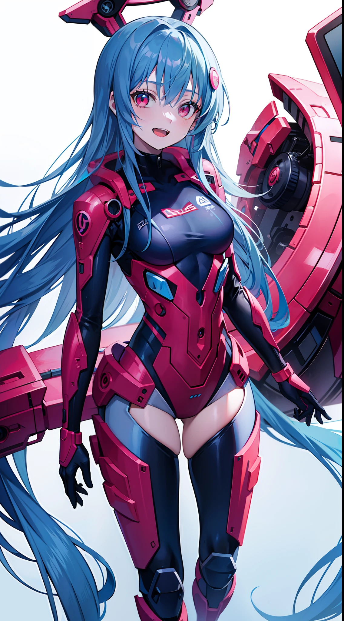 young girl, long blue hair, red eyes, ssmile, opened mouth, Pink Plug Suit, Masterpiece, hiquality