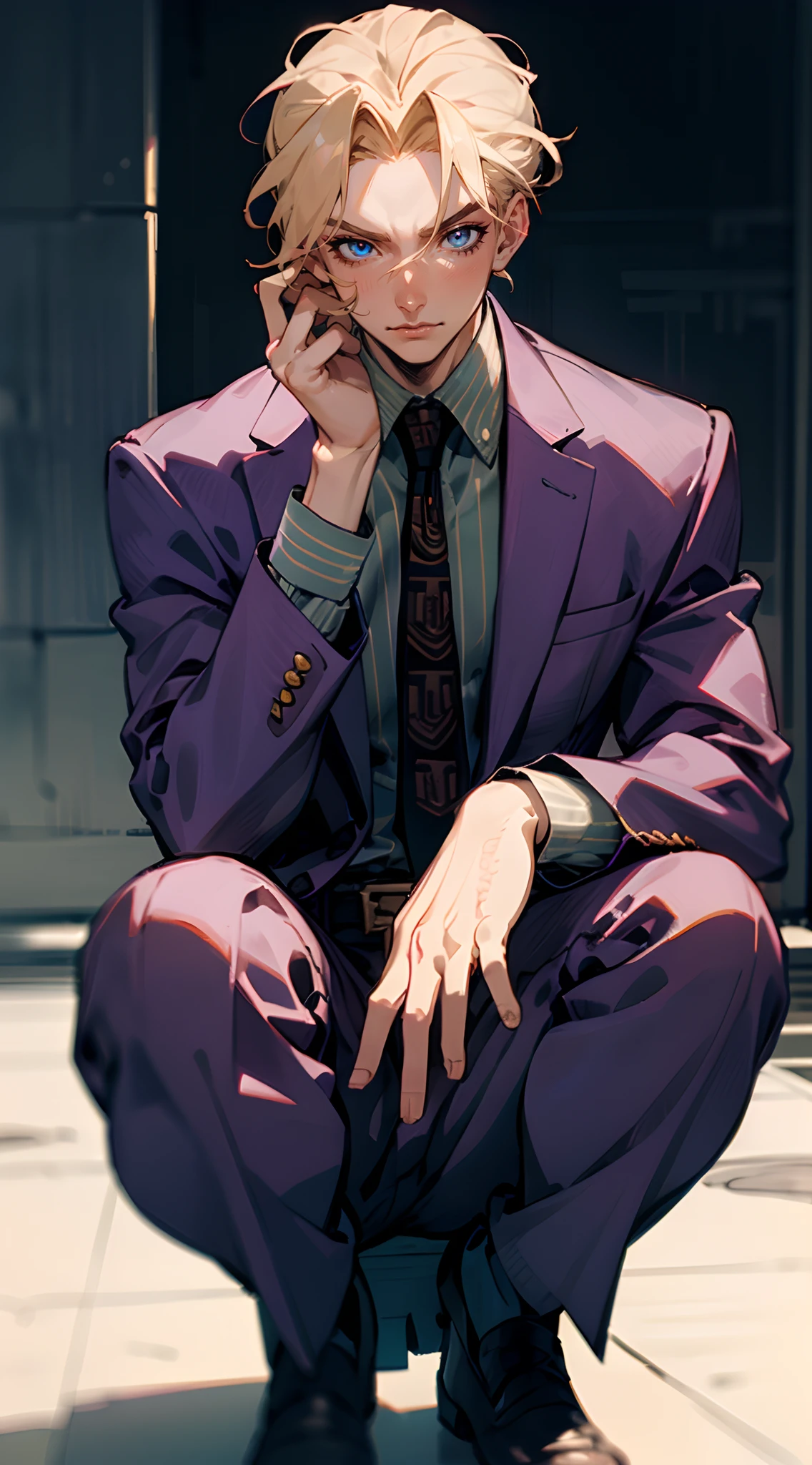 kirayoshikage, kira yoshikage, 1boy, blonde hair, short hair, mature male, cheekbones, purple eyes,
BREAK belt, formal, necktie, shoes, suit,,
BREAK looking away from viewer,
BREAK outdoors, park,
BREAK (masterpiece:1.2), best quality, high resolution, unity 8k wallpaper, (illustration:0.8), (beautiful detailed eyes:1.6), extremely detailed face, perfect lighting, extremely detailed CG, (perfect hands, perfect anatomy), squatting