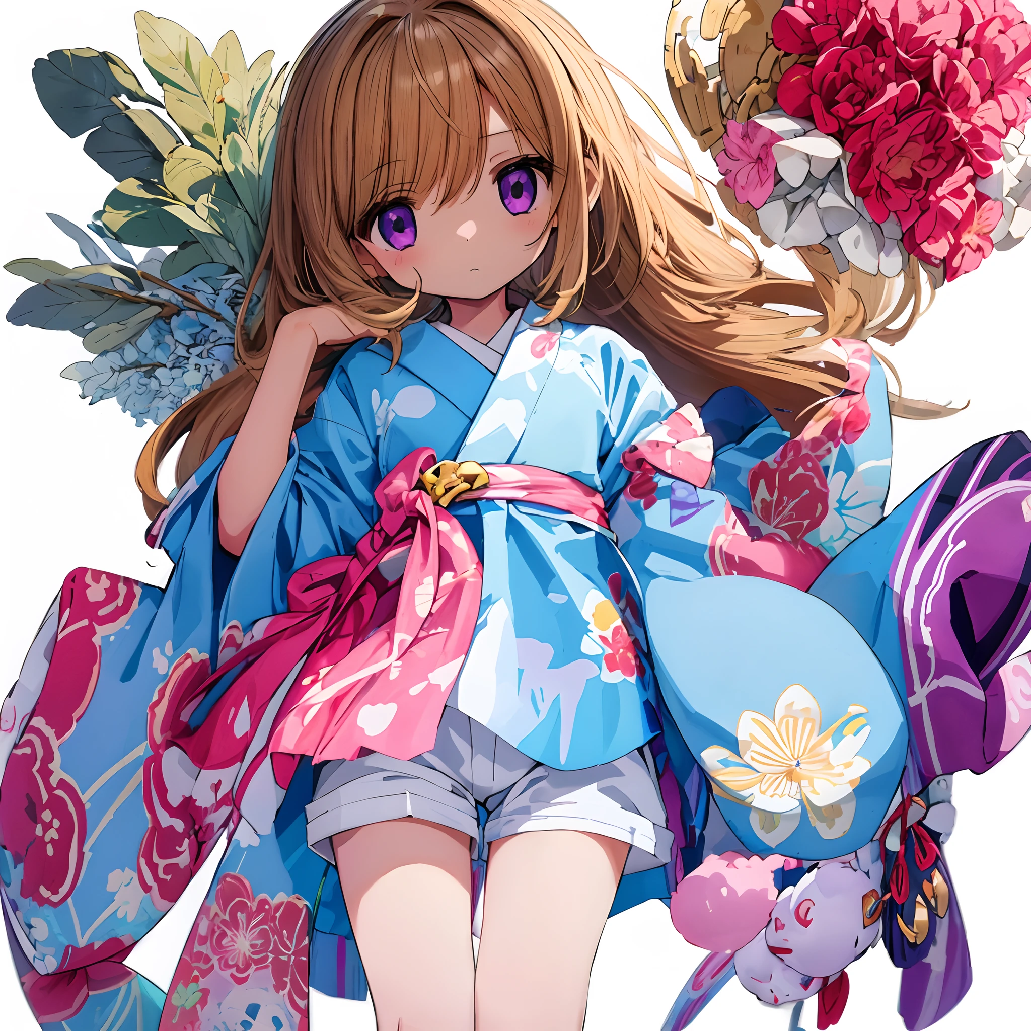 Beautiful illustration, Best Quality,(Standing Girl)、(****************:1.4)、(cute petit girl：1.3),Lori、Light blue mini yukata、Red band、(White Chino Shorts：1.4)、(Wide opening in white shorts：1.2)、beautiful thigh,Golden Medium Hair、Beautiful purple eyes、