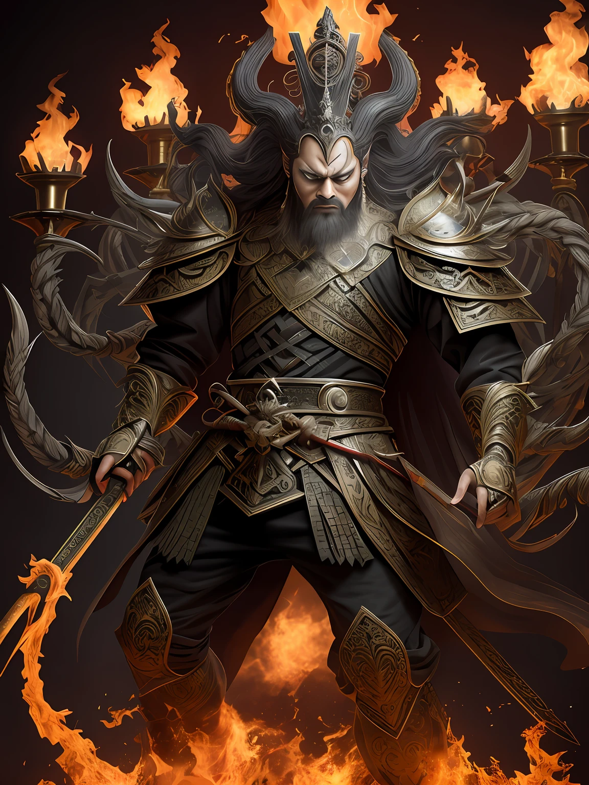 Angry King Ming,Be strong and brave,Canine teeth exposed,Hair stands on end,Eight arms,He had a trident in his hand, Respectively,The sword,pestle,the bow,arrow,hand seal,Each foot is stepped on by a person,The contours of the body are on fire,Hot,Light, an ultrafine detailed painting, Realiy,photorealestic,professional photoshooting,tmasterpiece,超高分辨率,