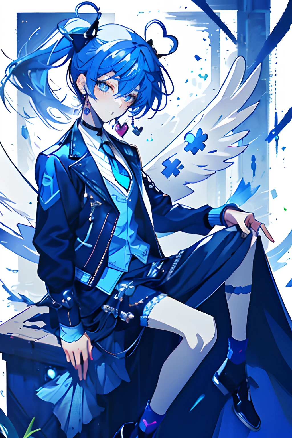 masterpiece, best quality, highres, heart hair ornament, ba1, 1boy, solo, jewelry, necktie, skirt, sleeveless, blue necklace, choker, black thighhighs, shirt, Blue jacket, blue shorts , skirt_tail, wings, four-leaf clover_facial_tattoo, sitting, on stage , Ponytail, serious pout