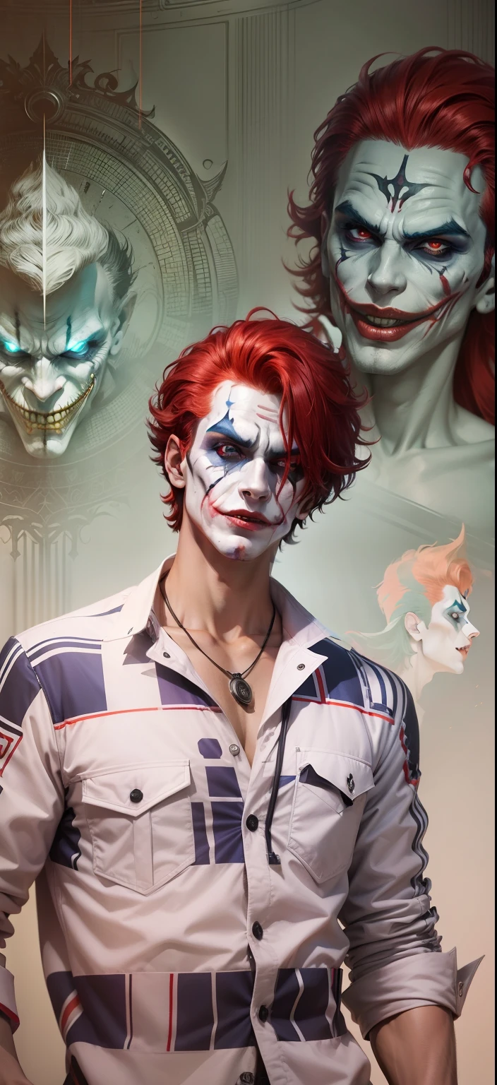 Boy With handphone futuristic Devi background realistic joker face , bule red hair ultra high quality HD