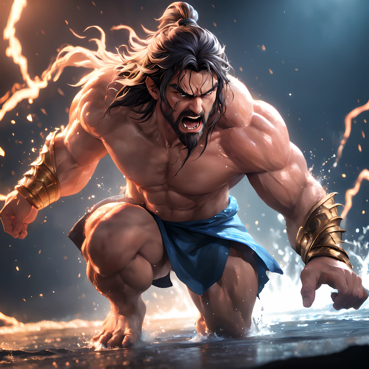 (Professional 3D rendering:1.3) de (Realistic:1.3) Foto de arte mais bonita do mundo,Features soft, bright male heroes, ((Epic hero fantasy rough muscular man wet hero angry look long hair short beard and fierce expression in dynamic pose, fantastic location, majestoso ambiente desordenado)), corpo inteiro 8k unidade render, action shot, poros da pele, very dark lighting, sombreamento pesado, circunstanciado, Rosto detalhado, (vibrante, fotogrdeia realista, Realistic, Dramatic, Escuro, foco nítido, 8k), (Old leather clothes damaged by bad weather:1.4), ((((Use peles)))), (intrincado:1.4), decadente, (altamente detalhado:1.4), pintura digital, rendering by octane, art stations, Conceito-Arte, liso, foco nítido, illustration, germe da arte, (Loish:0.23), Wlop Ilya Kuvshinov, e Greg Rutkowski e Alphonse Mucha Gracias, (global ilumination, studiolight, Light Volumetric), chuva forte, floating particles, patife, fantasia, Onze, corpo inteiroesbian, ((Fundo escuro e antigo da cidade:1.3)),CGSesociedade,art stations