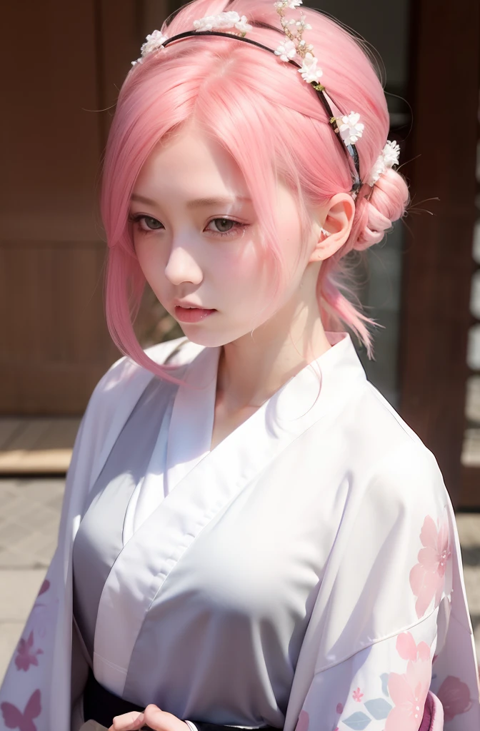 Sakura uchiha. A woman was wearing a white kimono with. She had beautiful pink hair. His skin waste so white and white. Her cheeks were rosy red and her little red lips tantalizing. She looked straight ahead. She looks so graceful and realistic