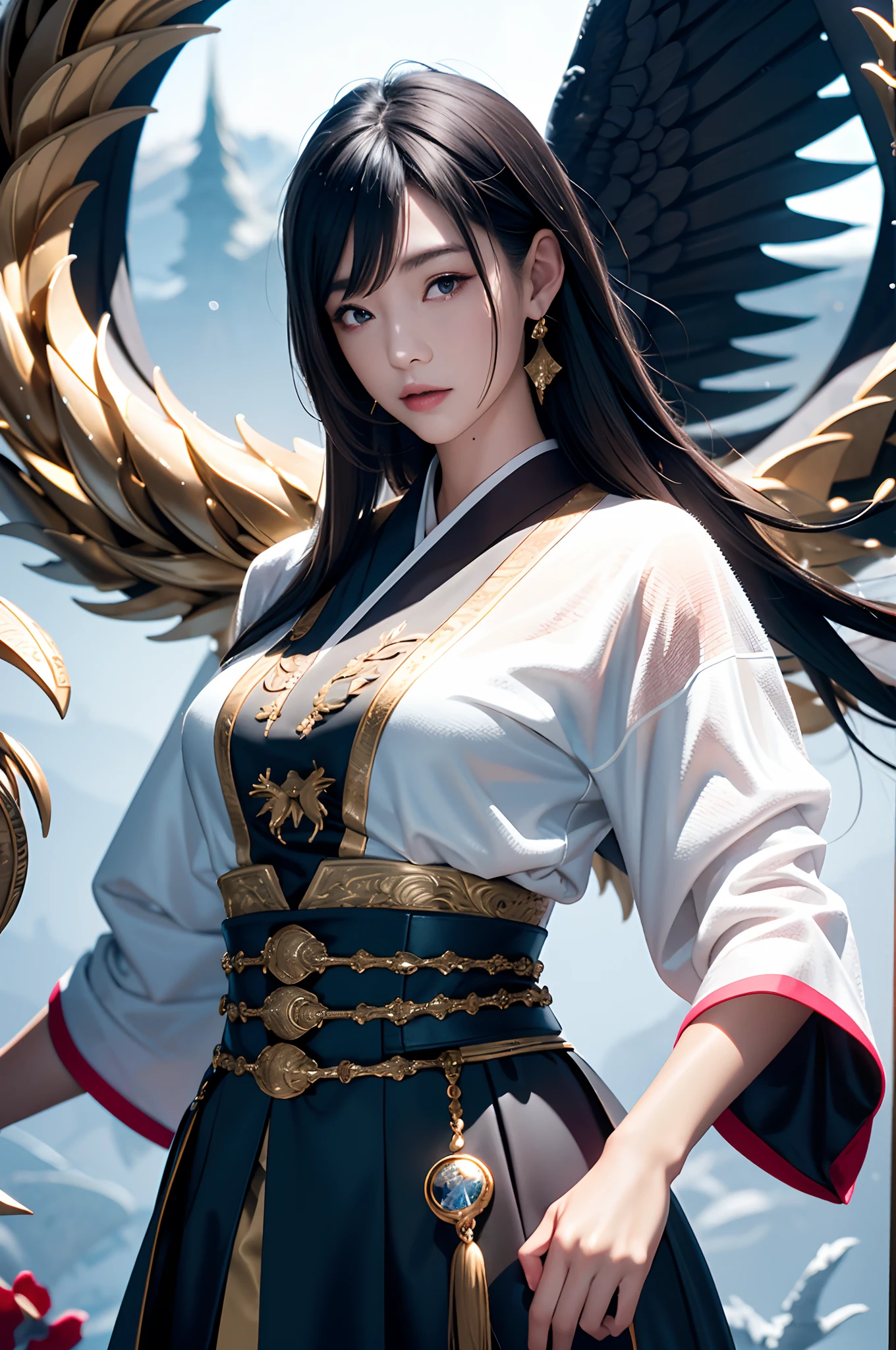 32K（tmasterpiece，k hd，hyper HD，16k）Flowing short hair，Backroom pond，zydink， a color，  Asian people （Female Student）， （Silk scarf）， Combat posture， looking at viewert， long whitr hair， Floating hair， Hanfu， Chinese clothes， longer sleeves， （abstract ink splash：1.2）， white backgrounid，Kirin Beast Protector （realisticlying：1.4），，Snowflakes fluttering，The background is pure， A high resolution， the detail， RAW photogr， Sharp Re， Nikon D850 Film Stock Photo by Jefferies Lee 4 Kodak Portra 400 Camera F1.6 shots, Rich colors, ultra-realistic vivid textures, Dramatic lighting, Unreal Engine Art Station Trend, cinestir 800，