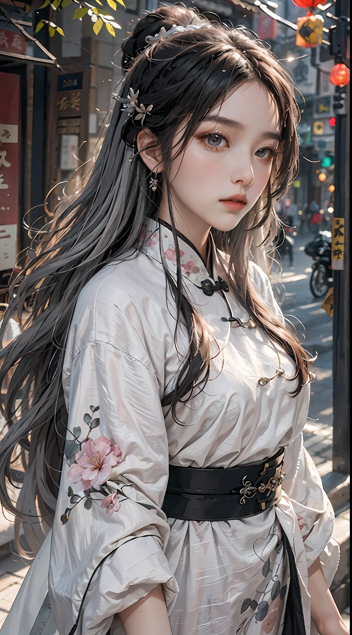 Masterpiece, Best Quality, Night, Full Moon, 1 Girl, Mature Woman, Chinese Style, Ancient China, Sister, Royal Sister, Cold expression, expressionless face, Silver white long haired woman, Light pink lips, Calm, Intellectual, Three belts, Gray pupils, Assassin, Short knife, Flower ball background, Strolling in the street scenery